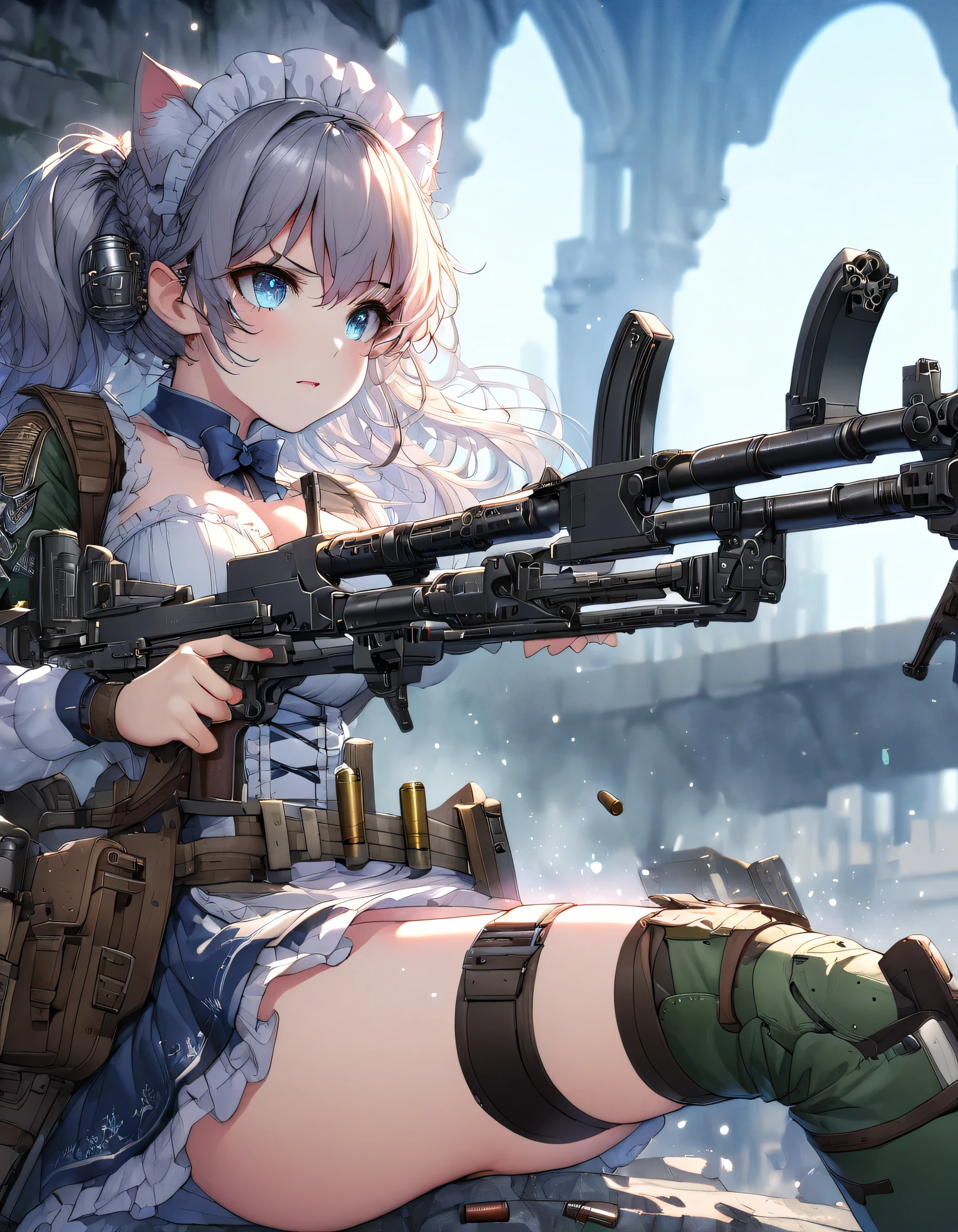 ((ultra-detailed)), (highly detailed CG illustration), (best quality:1.2), ultra-highlyあ detailed, colorful composition, artistic photoshoot, 1girl, solo focus, ((thigh to top:1.4)), ((cowboy shot:1.4)), moe anime character, girl, dainty facial structure, (bab(round face), ((rounded chin:1.2)), ((ideal ratio body proportions)), celia-default, celia claire, (blue eyes), sparkle eyes, silver hair color, two slde up, cat ears, cat tail, ((serious)), ((tragedy)), french maid uniform, maid headdress, open clothes, white frilled chichi-bukuro, huge breasts, deep royal blue neck bow with ruby jewelry, ((shooting a machine gun:1.4)), ((a bullet is fired from the muzzle:1.4)), ((city battle1.4)), standing by the city area that has become a battlefield, dynamic pose, from side, best quality, masterpiece, pink cheek, blush, light pink gloss slip, portrait, depth of field, soft lighting, sidelighting, (shine), lighting, caustics, ray tracing, perfect face, lustrous skin, highly detailed face, highly detailed eyes, perfect face, perfect nose, perfect hair, perfect eyes, perfect anatomy, beautiful hair, beautiful small face, extremely detailed face, beautiful detailed eyes, beautiful clavicle, beautiful body, beautiful huge breasts, leavage, breasts squeezed together, equalize the size of the left and right breasts, beautiful thin thighs, beautiful legs, beautiful fingers, 4 fingers, 1 thumb, lovely, (very detailed background:1.0), (highly detailed background:1.0), battlefield aesthetic, intricate details, war atmosphere, battlefield colors palette, chromatic aberration
