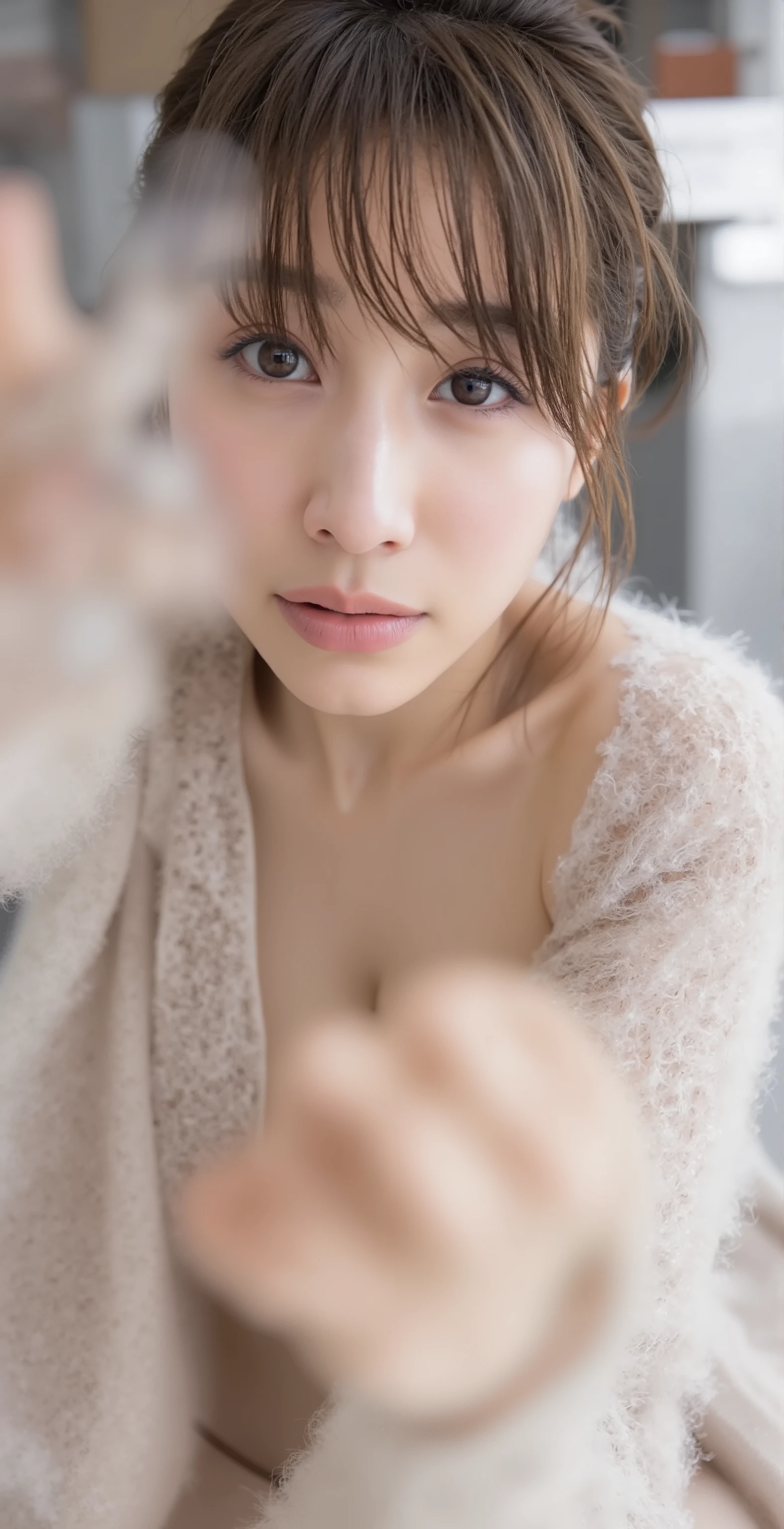  20 year old gravure model 、 perfect body、Under the chest, girl、  micro mini ultra high leg , Striped Leotard 、 masterpiece、 top quality、 by Nomi、 hyper details、(  Shiny Skin)、 absurd、 camera、 dark eyes:1.8、 skinny、 dynamic lighting、 Hi-Res、  Detailed Explanation 、 beautiful eyes、 by Nomi eyes、( big breasts:1.4,   saggy breasts :1.5)、( thin thighs:1.2)、、Troubled eyebrows、()、smile