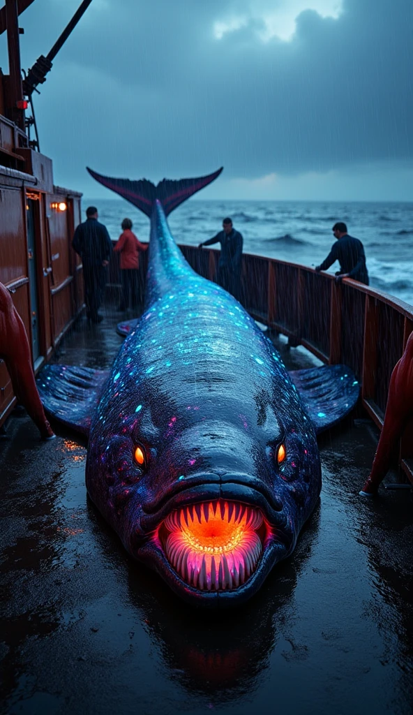A huge abyssal swordfish with muted bioluminescence lies dying on the deck of the ship. Its colorful, gelatinous skin shines in the rain as anglers attempt to lift their massive jaw to examine its structure.. In the background, the violent sea and the capped sky add an ominous feeling to the scene .