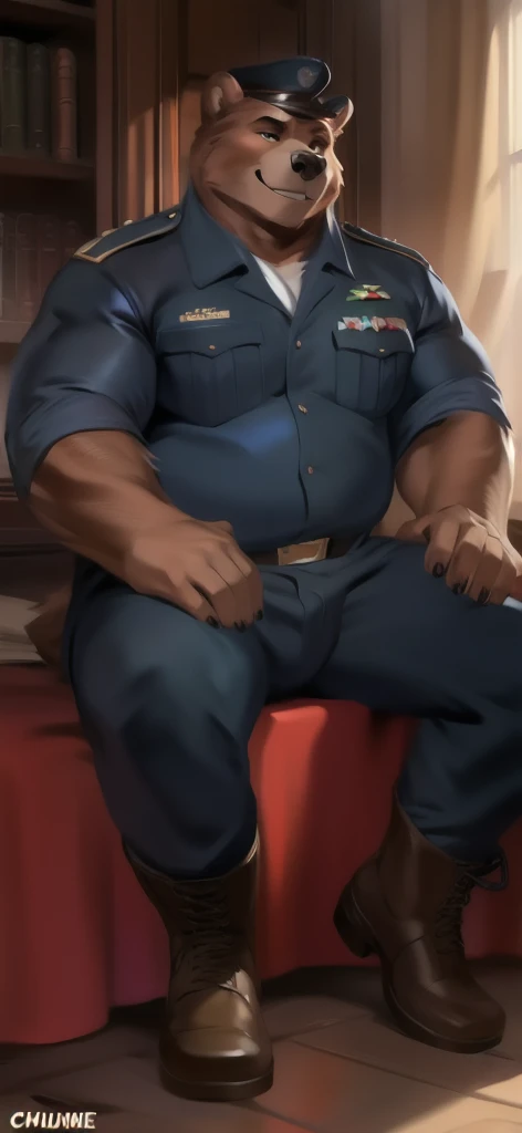 (tack sharp, subsurface scattering, 8k, HDR, 35mm, professional photography, RAW, (handsome mature man plump chubby morbid extremely thick thighs bulging belly fat), older man, gray hair, white man, ( wearing,boots,stubble,police chief,bage,beard,old man,indoors,necktie,sitting,spread legs,), bulge, detailed glade on clothing, (fat and corpulent: 1.3), full beard very long, looking at the viewer, handsome man, detailed eyes, symmetrical face, mischievous smile, robust, mustache, longer hair, his body is lying sideways on the floor, front view. Conceptual art hyper detailed dynamic image.