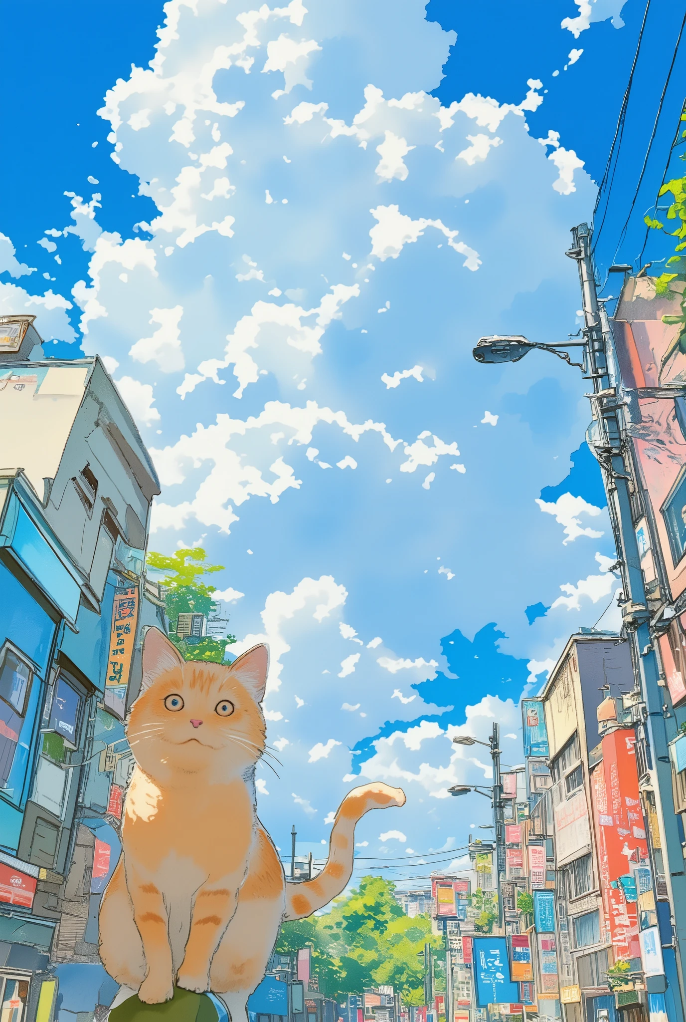 watercolor、cat、 Downtown、Cumulonimbus、 blue sky、 Airplane Clouds