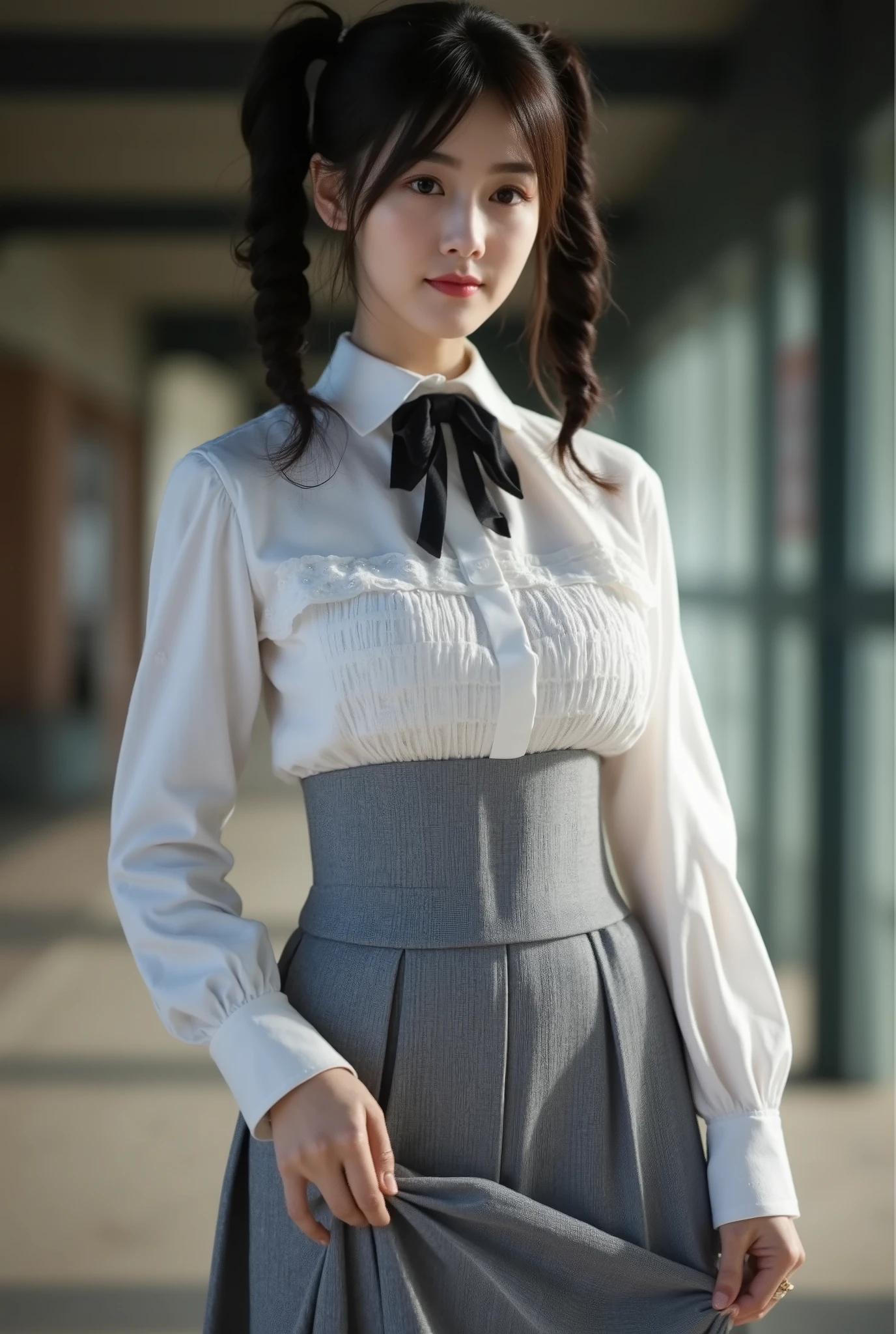 high definition professional photography stylem,natural skin texture.High-resolution, ethereal photograph of a young Asian woman with a dreamy, retro movie film aesthetic. The scene captures a soft, seductive atmosphere enhanced by gentle lighting that casts delicate shadows. She has long, wavy black hair styled in two braided pigtails, wearing a white blouse with a black bow tie at the collar, and a gray pleated skirt. Her sleeves are casually rolled up, revealing her wrists, and she holds the edge of her skirt with her left hand, exuding elegance. A delicate necklace and a ring on her right hand add subtle sophistication. The background is set in a nostalgic high school environment, with vintage charm and warmth.