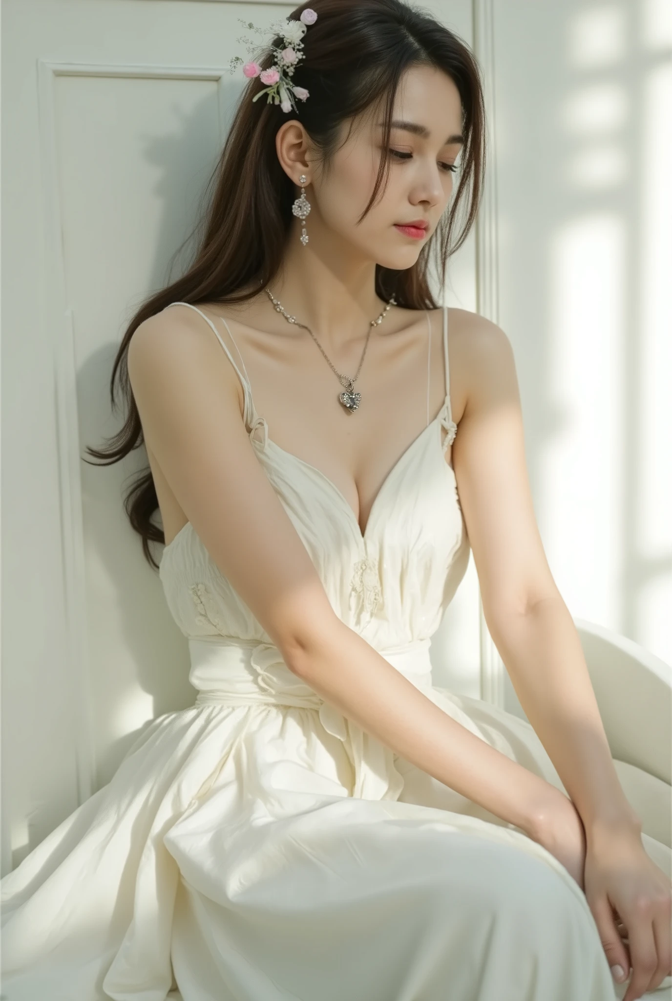 Best Quality, Masterpiece, High Resolution, 1girl, Porcelain Dress, Hair Accessories, Necklace, Jewelry, Pretty Face, On Body, Tyndall Effect, Realistic, Shadow Studio, Rim Lighting, Dual Tone Lighting, (High Detail Skins: 1.2), 8k UHD, dslr, soft light, high quality, volume light, sneak shot, photo, high resolution, 4k, 8k, background blur,