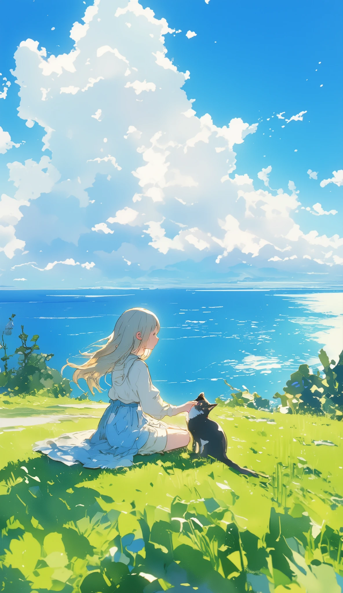  watercolor、cat、 one girl、catと女の子、 Hill with a View of the Sea 、lawn、Cumulonimbus、  blue sky、 Airplane Clouds 、 Fantastic Scenery、 beautiful landscape、 