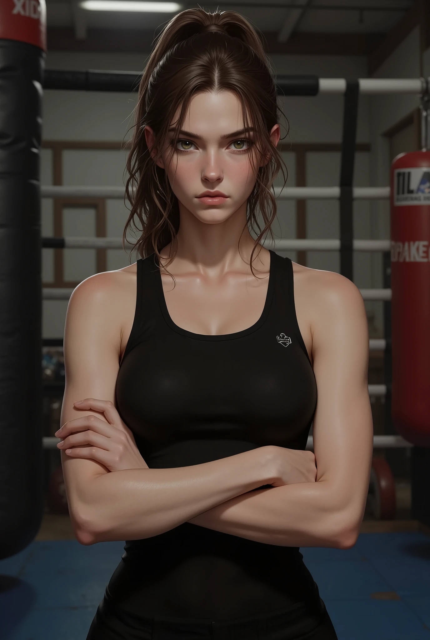 19-year-old woman standing below the ring wearing black training clothes, she has wavy brown hair tied in a ponytail with a few strands falling over her forehead, she has green eyes, she appears from the waist to the head with her arms crossed looking forward looking sullen, the environment is a boxing gym.