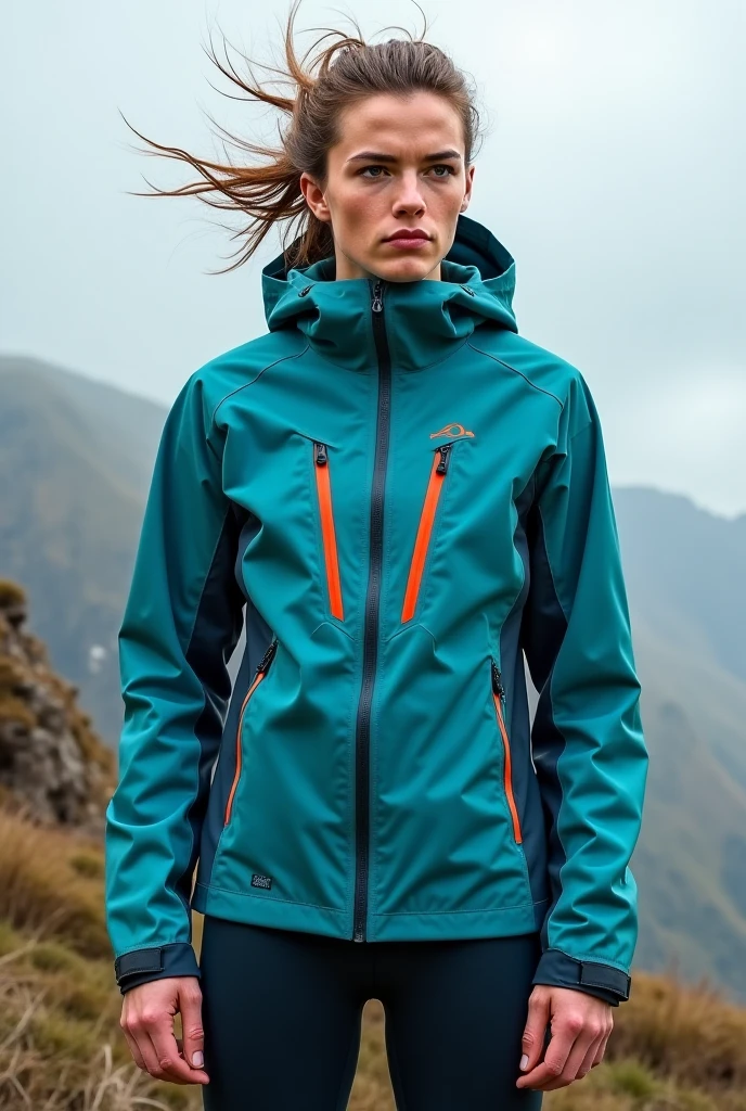 old russian woman, black hair, blue eyes, 43 years old, sport lover, posing on the hiking, wearing hiking suit