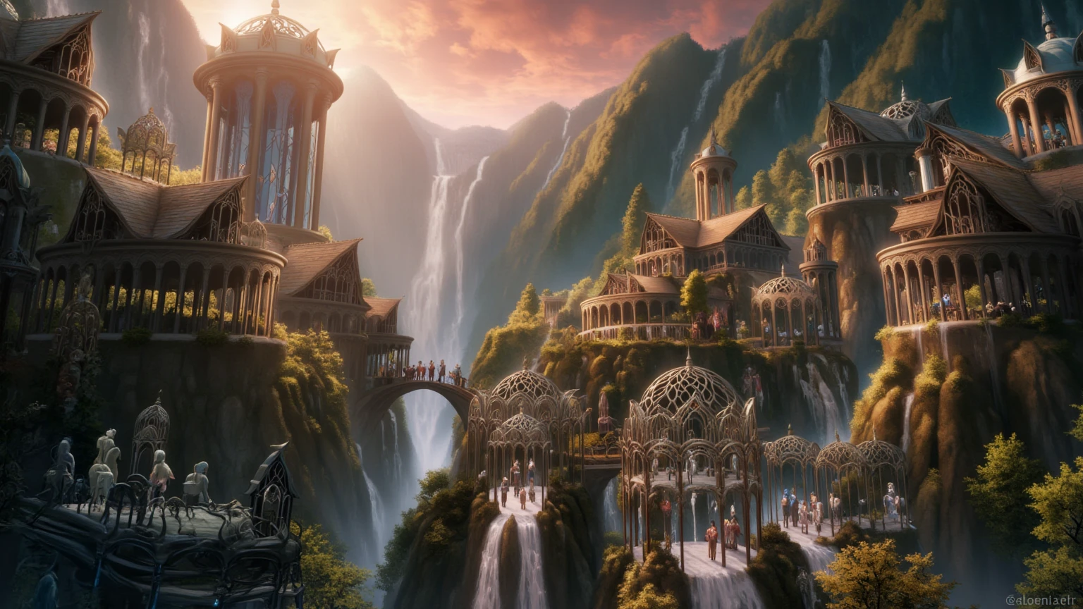 A photo from movie Lord of the Rings that showcases Rivendell which is a showcase of tolkien elven architecture which includes multiple floras patterns in its structure The image is a highly detailed, CGI-rendered depiction of a fantastical, medieval-inspired castle complex, reminiscent of the architecture found in the fictional world of Middle-earth from J.R.R. Tolkien's "The Lord of the Rings" series. The scene is bathed in warm, golden light, suggesting it's either sunset or sunrise.