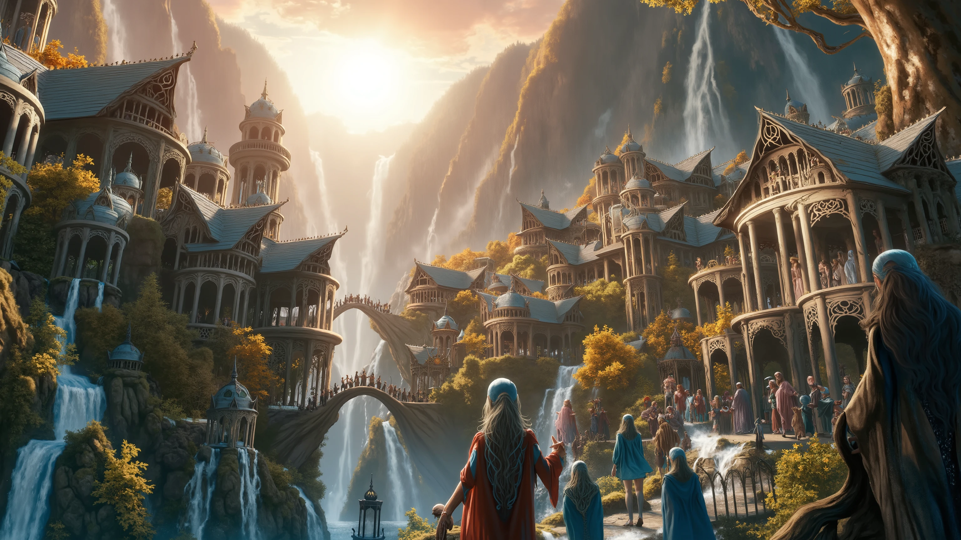 A masterful cinematic wide shot of many pointy-eared elves at beautiful and intricate Rivendell.