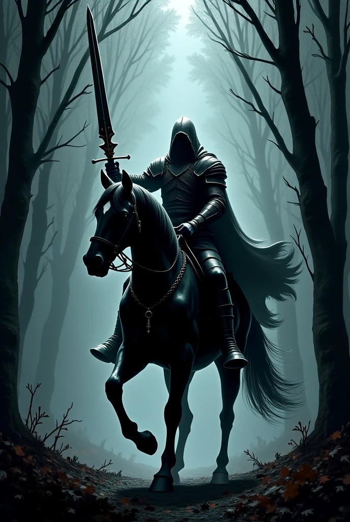 an Arthurian medieval royal knight standing resolute in a dense forest, surrounded by foes and shadowy adversaries beneath the moonlit night. The knight wields a gleaming sword, he holds his sword with steady determination. The moonlight filters through trees, casting a silvery glow that heightens the scene's tension. Leaves rustle, in the hushed night air, the knight's silhouette epitomizes bravery amidst adversity, promising a clash of steel and a test of courage, shaping the destiny of the forest and its defenders.