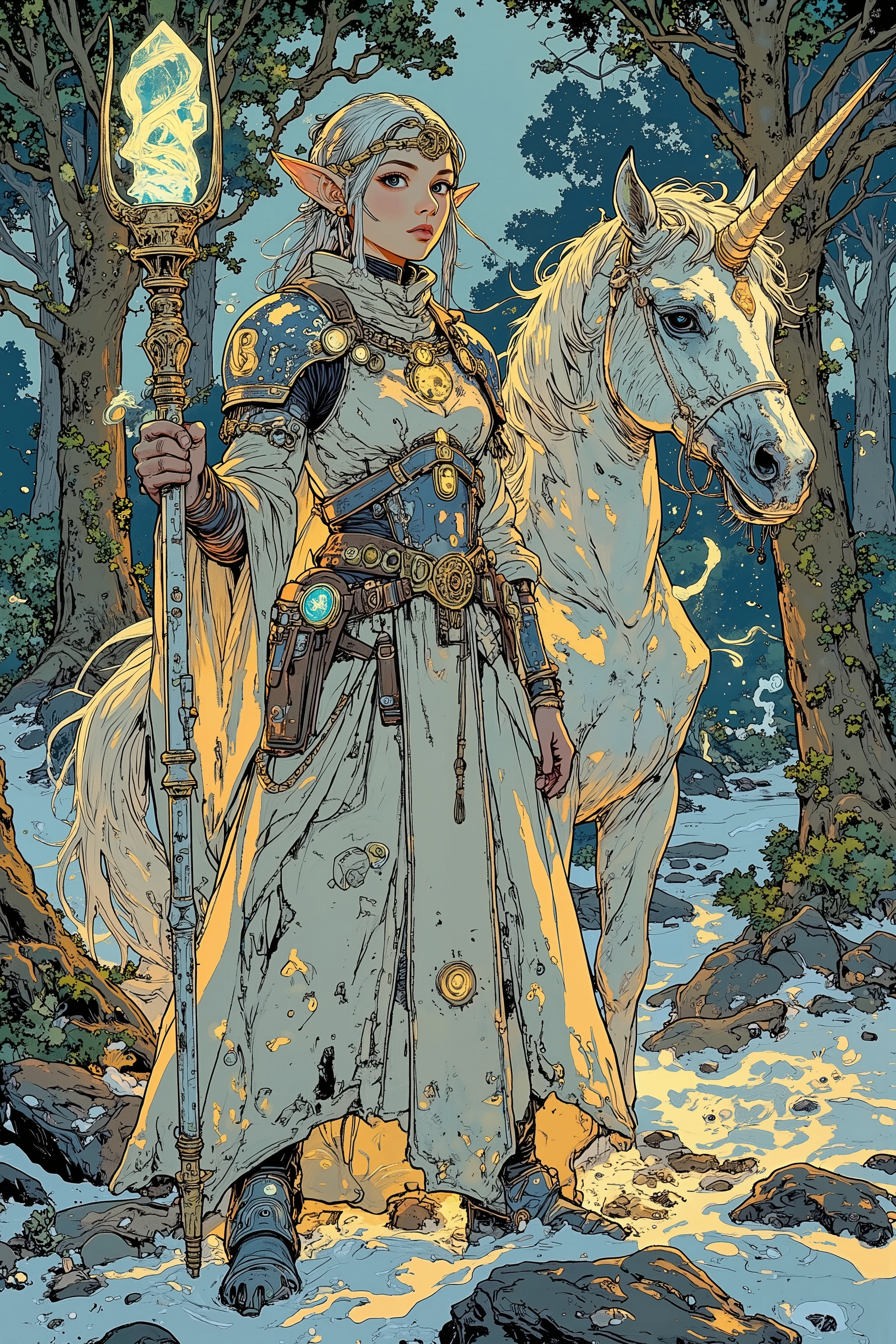 A high-resolution digital painting of a **confident female Elven Battlemage** standing in front of a **majestic Unicorn** in an **enchanted Elven forest**. She wears a **flowing battle robe with glowing arcane symbols**, paired with **light elven armor** that radiates faint magical energy, and her **distinctive long ears with glowing trinket**. She holds a **mystical battlestaff**, its **crystal core pulsing with ethereal light**.
The **Unicorn** behind her has a **sleek, regal appearance**, with a **shimmering silver coat** and a **spiral horn glowing with divine magic**. The **Elven forest** in the background is **mystical and serene**, with **towering ancient trees, softly glowing vines, and floating magical wisps**. The **composition emphasizes her arcane power and the mythical beauty of her surroundings**, making it perfect for **fantasy concept art or a book cover**.