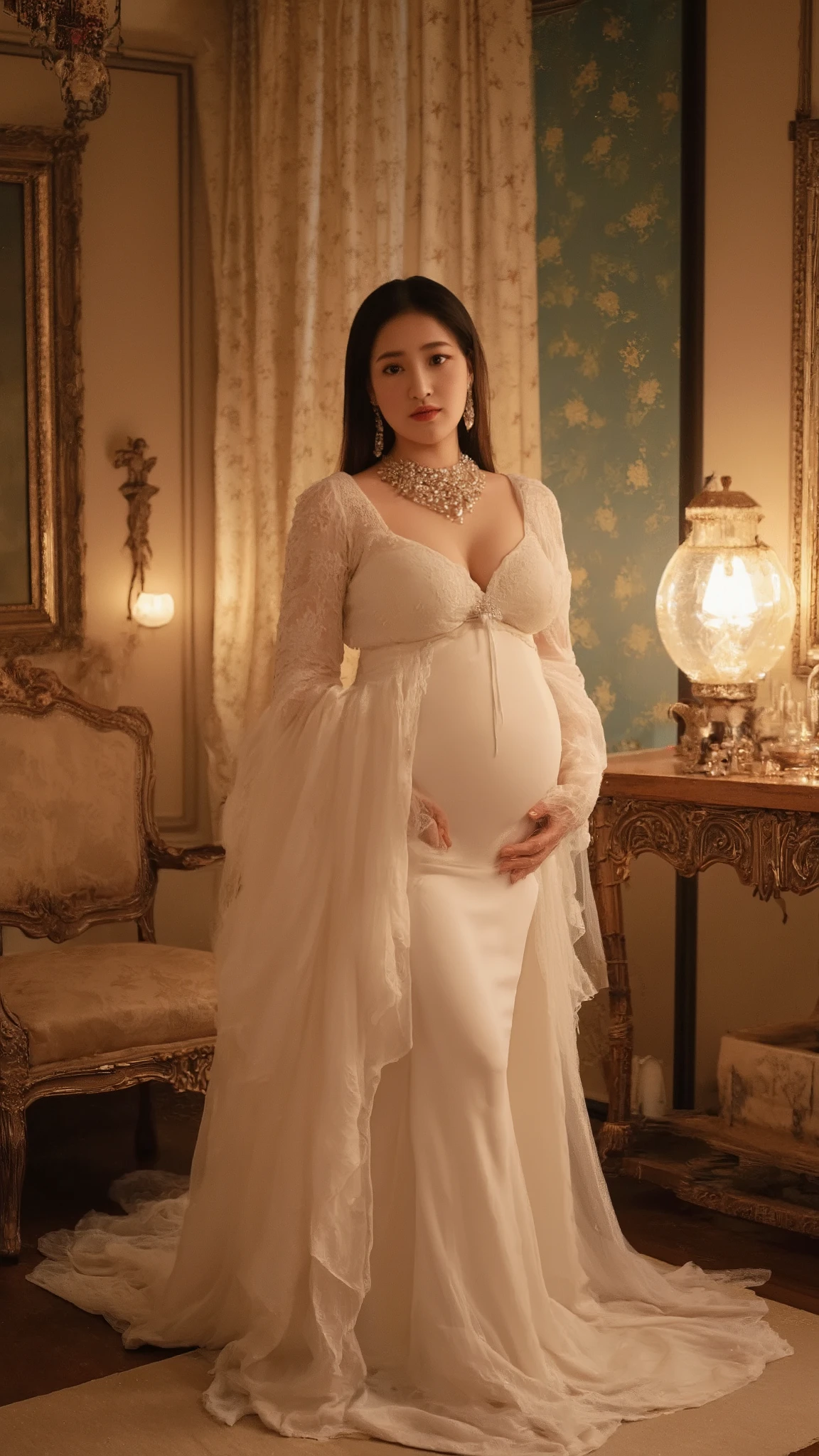 (top-quality, masterpiece, 8k HDR, ultra-wide full body shot), (a 18yo young beautiful gorgeous curvy thick busty elegant wife), perfect large perky breasts, straight long hair, evening time, natural erotic lantern light, natural light skin, Korean goddess, perfect cute attractive face, pregnant, very sexy pregnant belly, perfect body with big ass, wearing a white sexy tight thin short luxurious elegant wedding dress and high heels, sweet seductive smile, (pose seductively, elegantly and provocatively in a luxury mansion with luxurious furnitures, one hands hips, one hand playing with hair), (showing big cleavage, booty and thighs, natural thick thighs and wide hips), (luxurious big necklace and earrings), (no panty), look directly and sharply and smile seductively at the camera