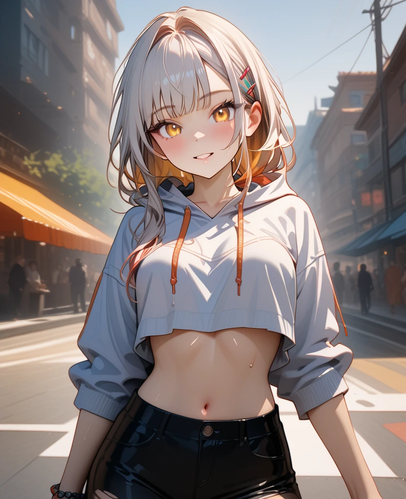 A 6-year-old boy is standing, masterpiece, best quality, Volumetric Lighting, Best Shadows, Shallow Depth of Field, Portrait Of Stunningly, Delicate Beautiful Attractive Face With Alluring orange Eyes, Sharp Eyebrows,Layered Short Brown Twintail Hair,  shota, Little boy, (navel), Thighs out, thigh focus, dynamic angle, Skinny,  (baggy gray hoodie),  (Oversized gray hoodie), topless, hotpants, short shorts , booty shorts,  covered penis, sweat, perspired,  disgust, blush, flat chest, No chest, gleaming skin, no socks, Sneakers, street, Crowded intersection, middle of the road,