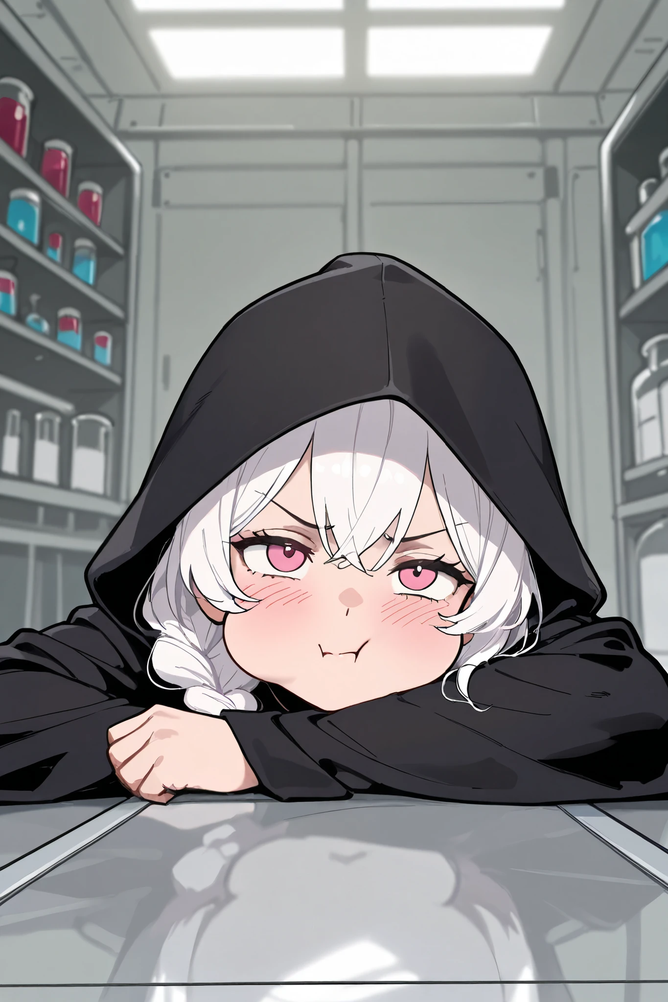 best quality, masterpiece,highest resolution, 1girl, white hair, pink eyes,  black robe, science lab background, hood, mature, cheek bulge, sulk, blush, 