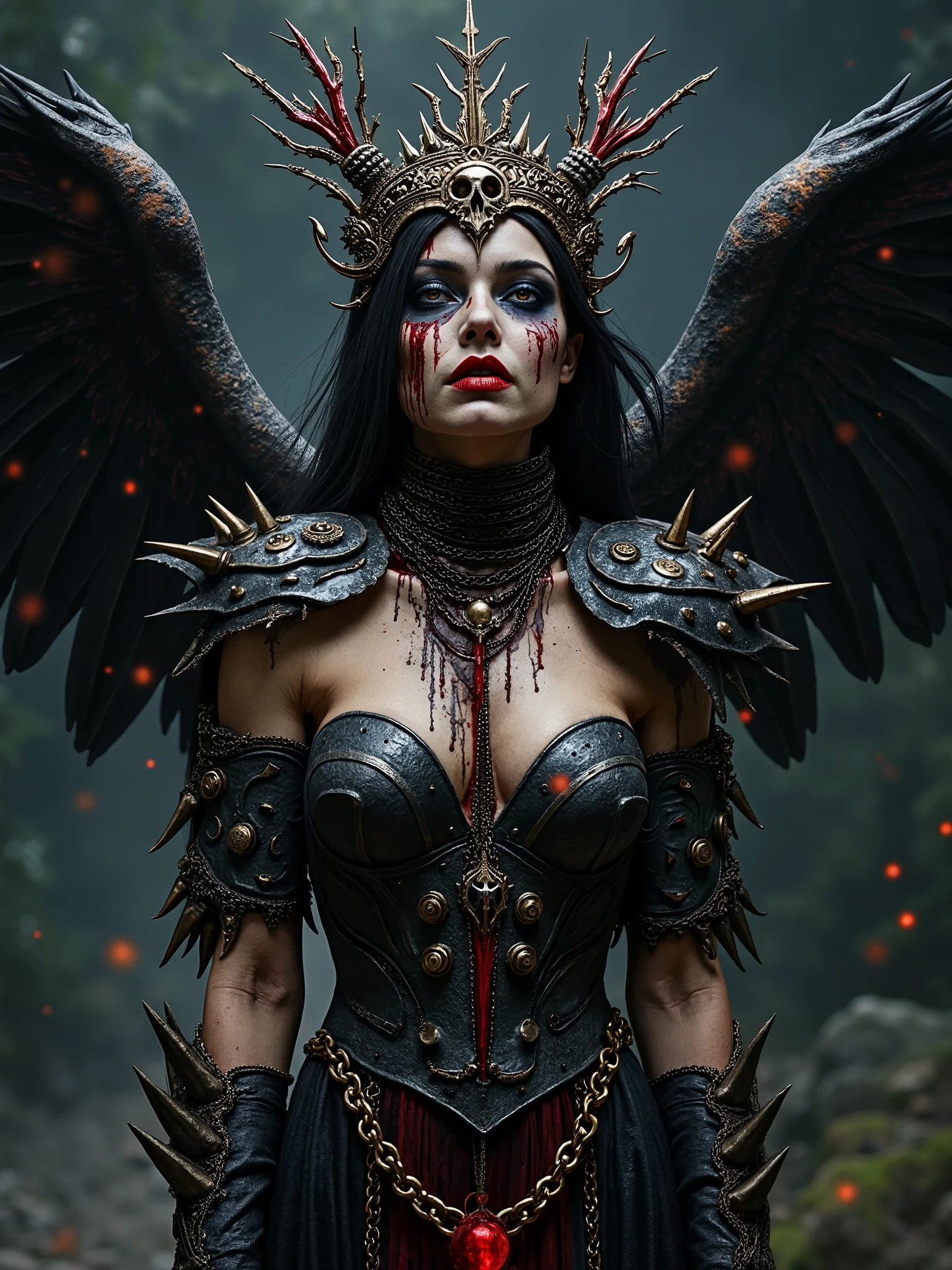 art by EMB_bontrex-225, ((valkyrie warrior with wings and gothic armor)), golden ornaments, industrial golden, (man in priest robe praying), (EMB_snkwlf-200:0.2), (blue), grunge, film noise, spine, collar bone, humanoid creature, horror, nerve system, biological horror, roots, nerves, high quality, 4k, fine details, sharp focus