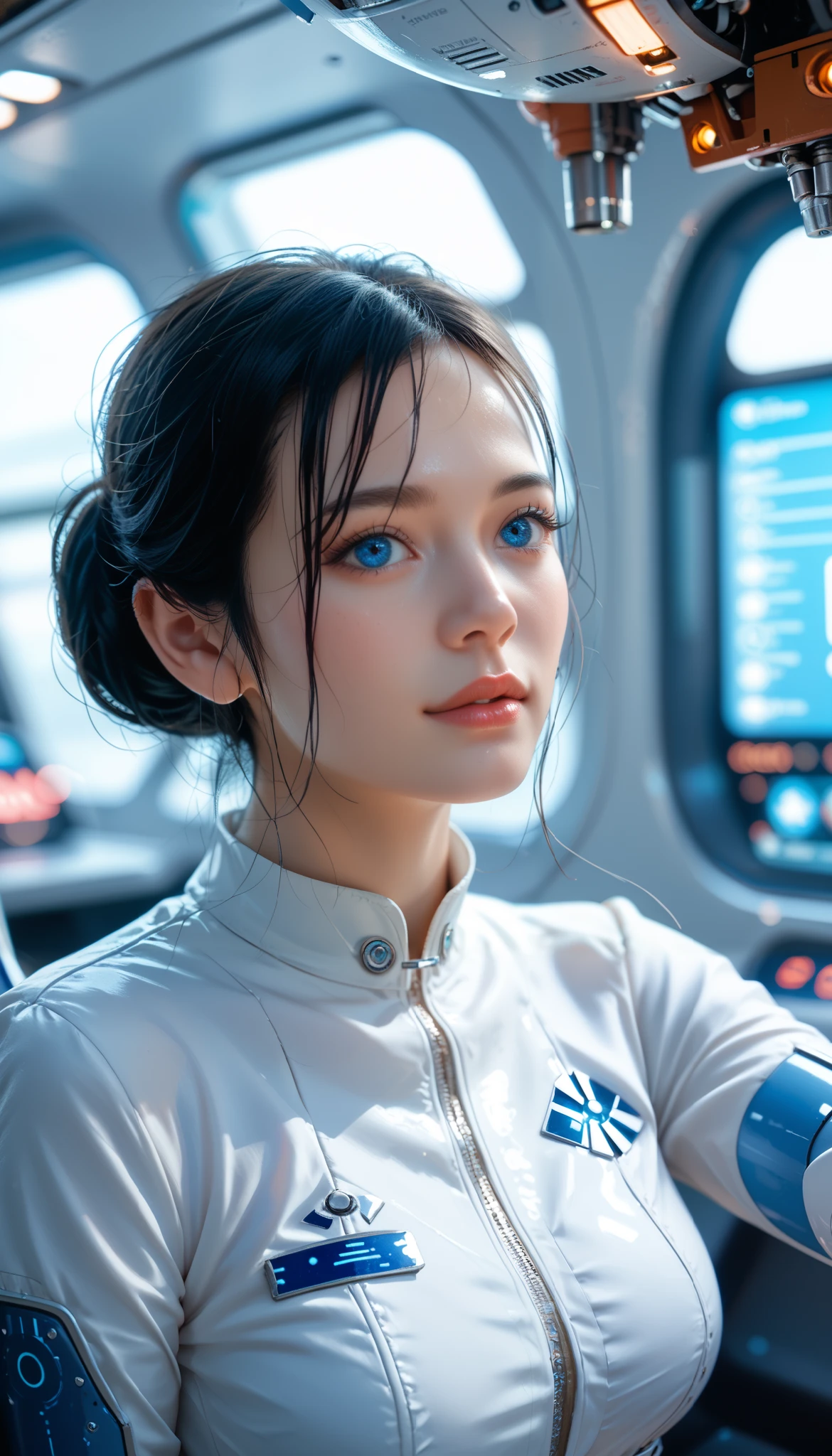  in high-definition images、Star Wars worldview、woman, Mechanical Blue Body ， top quality, masterpiece, 8k,  futuristic spaceship interior ，サイバーブルースーツを着たwoman，  black hair， blue eyes， shortcuts,  top quality,  Hi-Res, ,  blue eyes, 