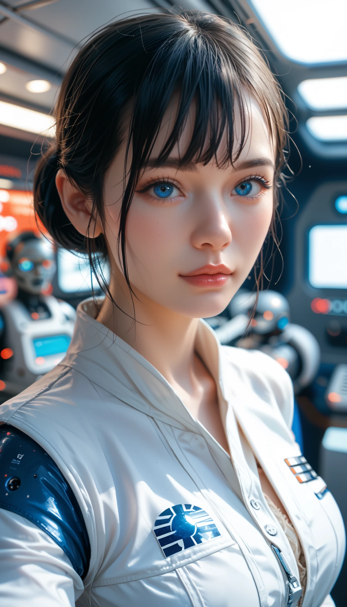 in high-definition images、Star Wars worldview、woman, Mechanical Blue Body , top quality, masterpiece, 8k, futuristic spaceship interior ,サイバーブルースーツを着たwoman, black hair, blue eyes, shortcuts, top quality, Hi-Res, , blue eyes,