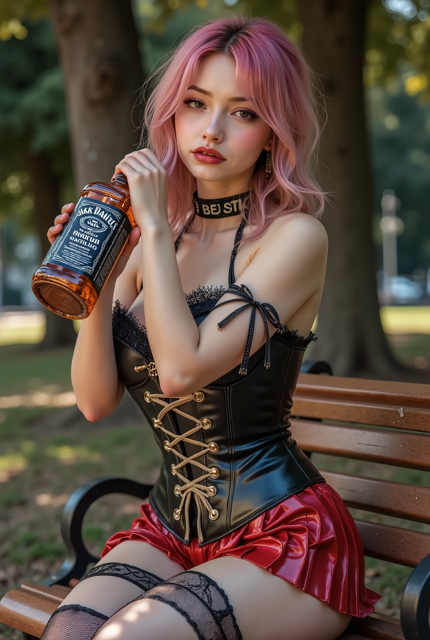 16k, masterpiece, realistic, ((Photorealistic realism)), Hyper high resolution, ((Hyper insanel quality, epic masterpiece, intricately detailed digital art)), ((focus on extremely Realistic Proportion Body:1.3),"Portrait of {a woman, wearing (a minimalist and provocative dress, sexy styling elaborate and extravagant), sits on a park bench, drinks from a bottle of JACK DANIEL'S OLD NO.7 WHISKEY 0.5L}."side view, ((shot above the knee)), (ultra-realistic texture details: velvety skin, hair), [(wavy hair|Pink, ((slicked one side)):1.3)], ((sharp focus, no blurry eyes, Hyper absurd quality, Hyper details, {Hyper realistic brown eyes:1.4})), ((extra narrow eyebrows)), (Carefully draw Long eyelashes), (perfect round eyes), (finely detailed pupils, (extremely fine details pupils)), ((firm and full breasts:1.4)), {a bold, feminine creation:0.5} with [BDSM Corset (Tight:1.2)|Luxurious, shiny black latex], [((pleated skirt|Luxurious shiny, red latex:1.25))] and details such as [(lace|white:1.25)], [(lacing|golde)], [((mesh stockings|white))] and [((garters|black))], (emphasizing her curves and creating a sexy, pretty look, sensual look at the viewer:1.4), {extremely detailed, sharp, clear, photorealistic image with sunrise lighting without shadows, dslr}, sharp image, sharpness and clarity in global illumination, captured by Fujifilm XT3, f 5.6, (perfect composition), HDR, UHD, physically-based rendering, ((vivid colorful)),
