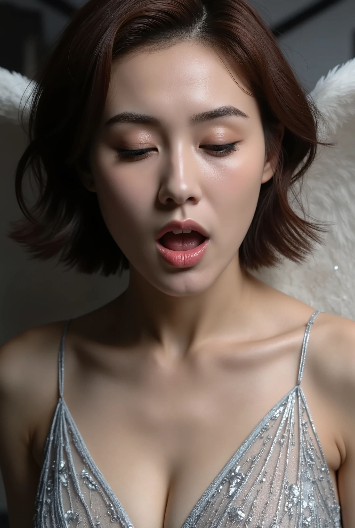 high definition professional photography stylem,natural skin texture.photo realistic woman, Woman with brown eyes, Brown hair, Ultra HD, Surreal style, Angel, Delicate face ,The expression is obsessed,Open your mouth,Close your eyes