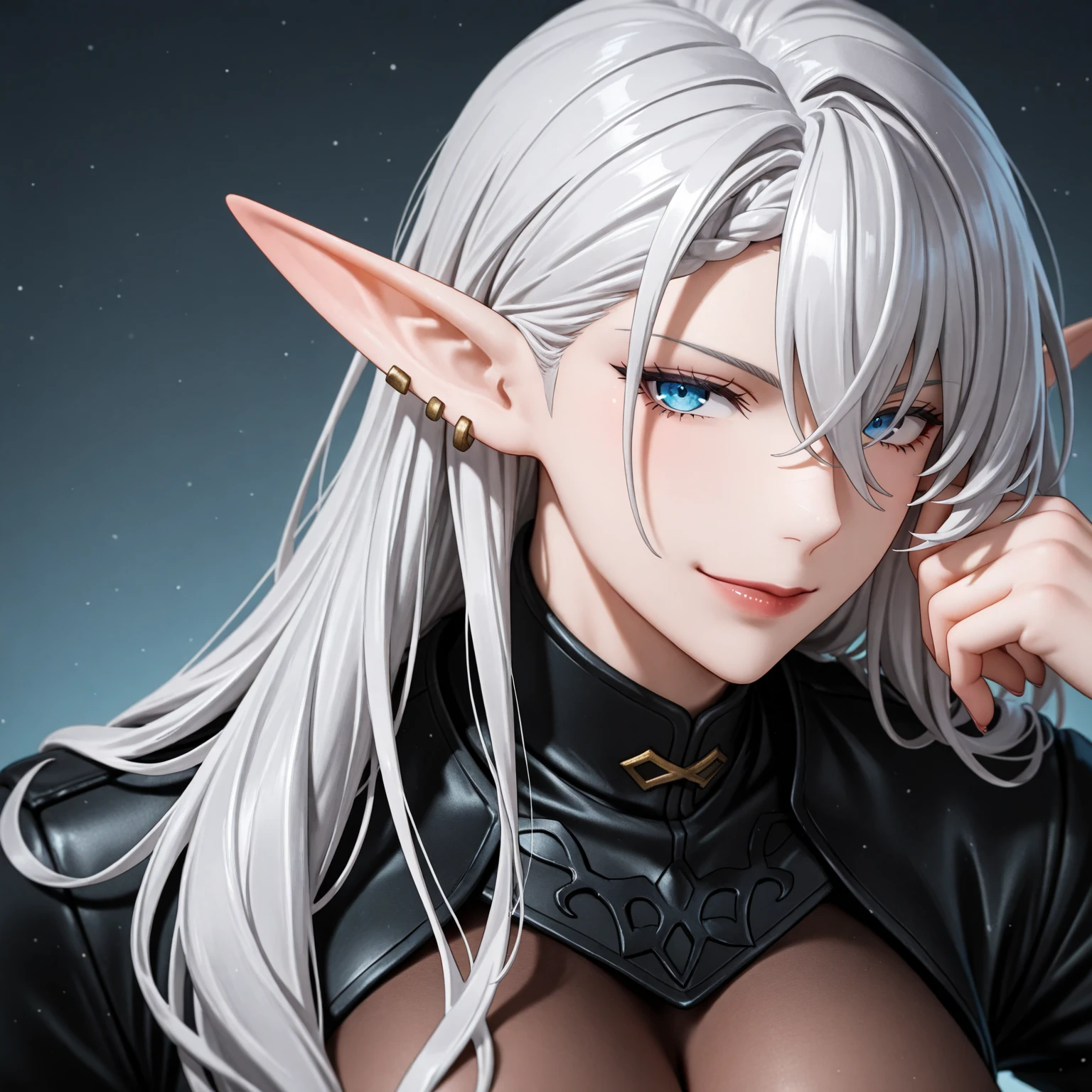 female with blue skin, white hair, red ayes, pointy ears, hyper realistic, Ultra detail, high res