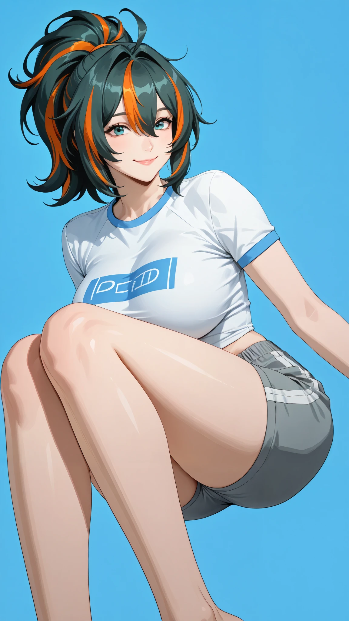 zhu yuan,ponytail streaked hair,smile,beautiful,korean face,expressive,slim body,long legs, sexy legs,perfect body,large breasts,grey shorts, oversize white tshirt,soft light, high detailed, best quality, upper body,blue plain background ,blue background,looking at viewers