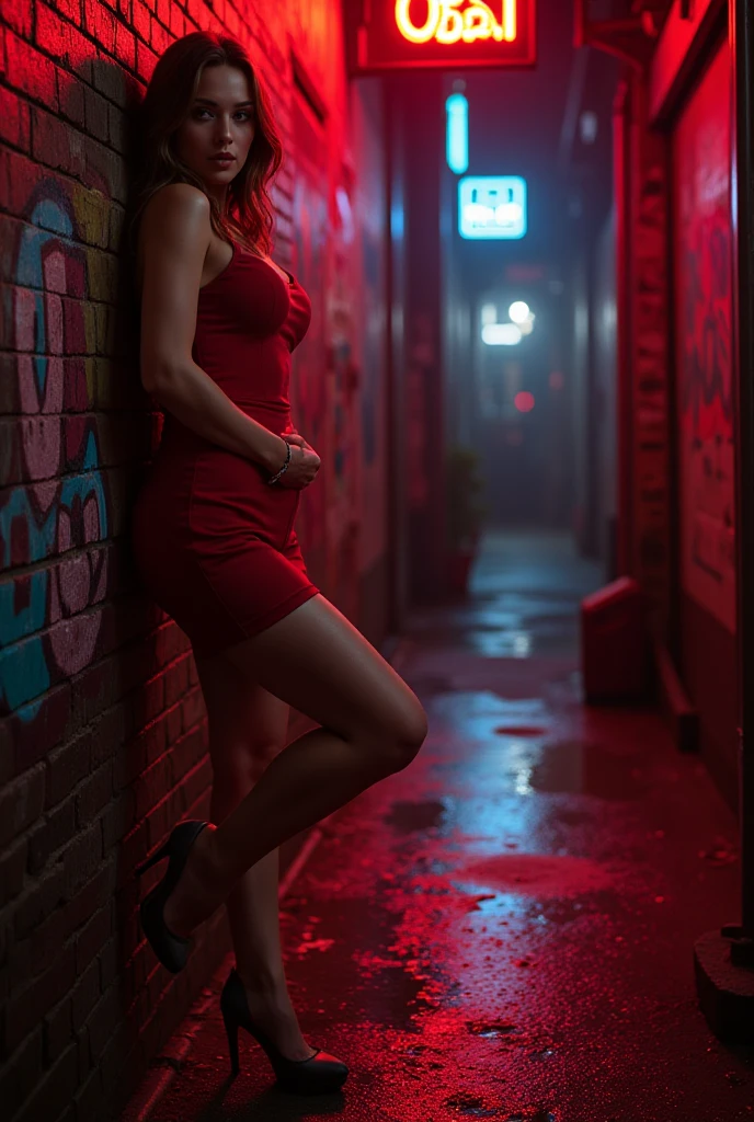 professional full body photo, (4k photo:1.1) by (Jeremy Lipking:0.3), (Anna Dittmann:0.3), (Aryan Mark:0.3), (Sharp Focus:1.3), Perfect Face, Big Lightning, High Detail, Dark Red Hair, Model Pose, Confident, Fit, Skinny Girl, Breasts:1.2, Perfect Anatomy, Perfect Symmetry:1.2, Realistic, Realistic Face:1.2, Perfect Face, Happy, Confident, Highly Detailed, Dramatic, Cinematic Lighting, Bright Scene, Soft Lights, Light Brown Eyes, Below The Knee Boots, Hyperrealistic, Photorealistic, Art, Full Body, Red Dress, Wet Hair, Wet Dress, City At Night, Rain