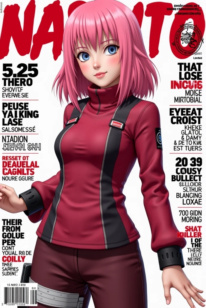 Create a magazine cover for a magazine called Sakura Haruno from Naruto hyperrealistic Hyperrealism as the protagonist of the cover and with background texts as if it were a real magazine.  outfit. Hyperrealism. Live action magazine