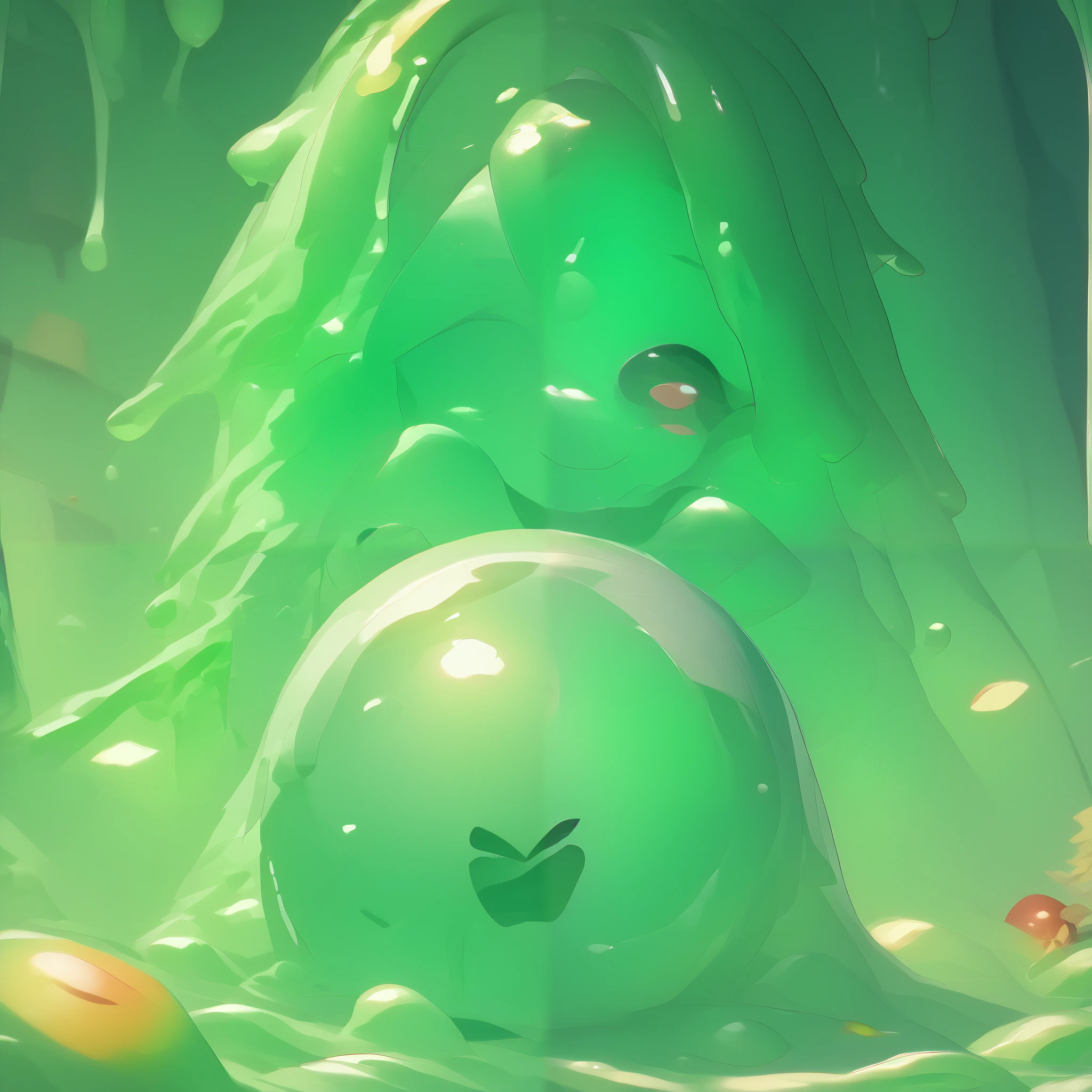 points_9, points_8_ up , points_9_ up , points_7_ up , high quality,  masterpiece,   extremely detailed  , Alone, (((bright green slime women))),   add medium chest , farmer outfit, slime core,  cute pose , Happy expression , apple trees