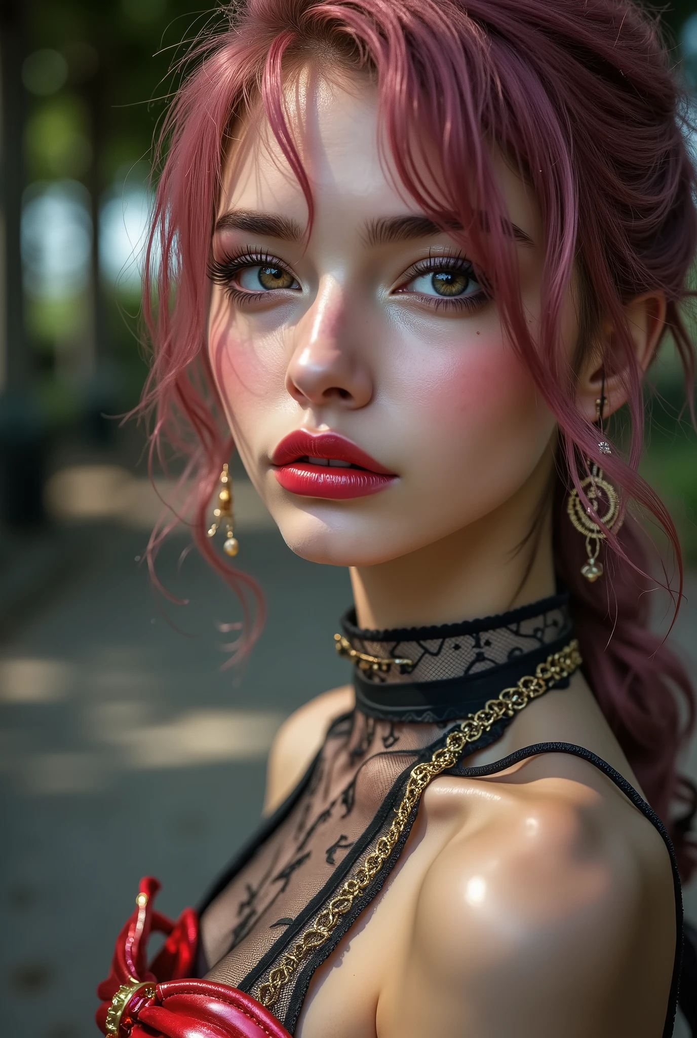 16k, masterpiece, realistic, ((Photorealistic realism)), Hyper high resolution, ((Hyper insanel quality, epic masterpiece, intricately detailed digital art)), ((focus on extremely Realistic Proportion Body:1.3),"Portrait of {a woman, wearing (a minimalist and provocative dress, sexy styling elaborate and extravagant), sits on a park bench, drinks from a bottle of JACK DANIEL'S OLD NO.7 WHISKEY 0.5L}."side view, ((shot above the knee)), (ultra-realistic texture details: velvety skin, hair), [(wavy hair|Pink, ((slicked one side)):1.3)], ((sharp focus, no blurry eyes, Hyper absurd quality, Hyper details, {Hyper realistic brown eyes:1.4})), ((extra narrow eyebrows)), (Carefully draw Long eyelashes), (perfect round eyes), (finely detailed pupils, (extremely fine details pupils)), ((firm and full breasts:1.4)), {a bold, feminine creation:0.5} with [BDSM Corset (Tight:1.2)|Luxurious, shiny black latex], [((pleated skirt|Luxurious shiny, red latex:1.25))] and details such as [(lace|white:1.25)], [(lacing|golde)], [((mesh stockings|white))] and [((garters|black))], (emphasizing her curves and creating a sexy, pretty look, sensual look at the viewer:1.4), {extremely detailed, sharp, clear, photorealistic image with sunrise lighting without shadows, dslr}, sharp image, sharpness and clarity in global illumination, captured by Fujifilm XT3, f 5.6, (perfect composition), HDR, UHD, physically-based rendering, ((vivid colorful)),