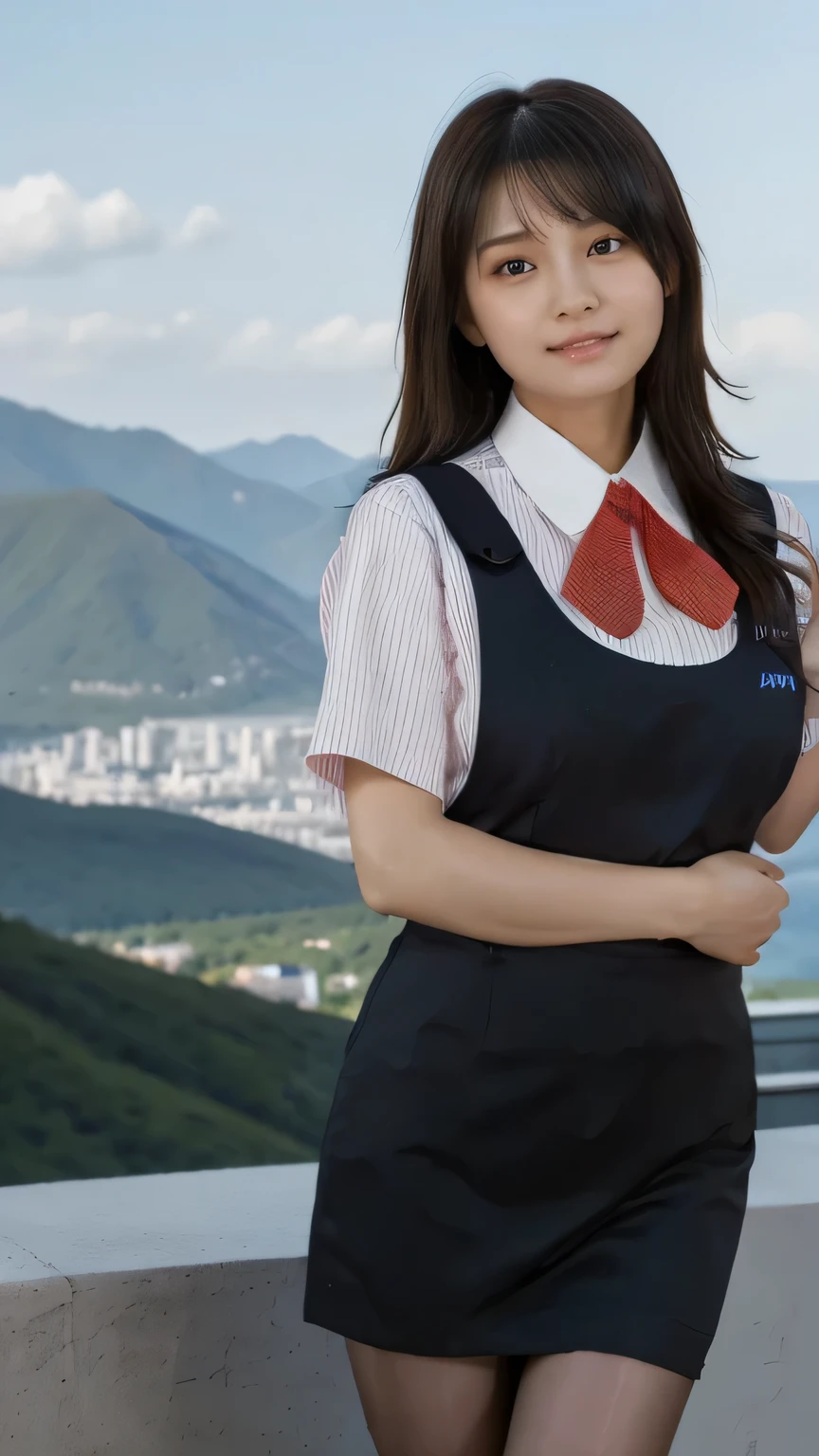 top quality、8k、 masterpiece、 Supernatural、Clear Photo、 professional lighting、 natural light、 by Nomi、 perfect anatomy、 one woman、:2.0、Big Breasts、saggy breasts:1.1、 beautiful hair、smile、((Star Uniform:1.2))、( black vest:1.3、 short sleeve shirt、 Red Ribbon、 pencil skirt )、( shiny pantyhose)、 sneakers、Mountainous Regions、 Hiking Trails 、 stand and pose