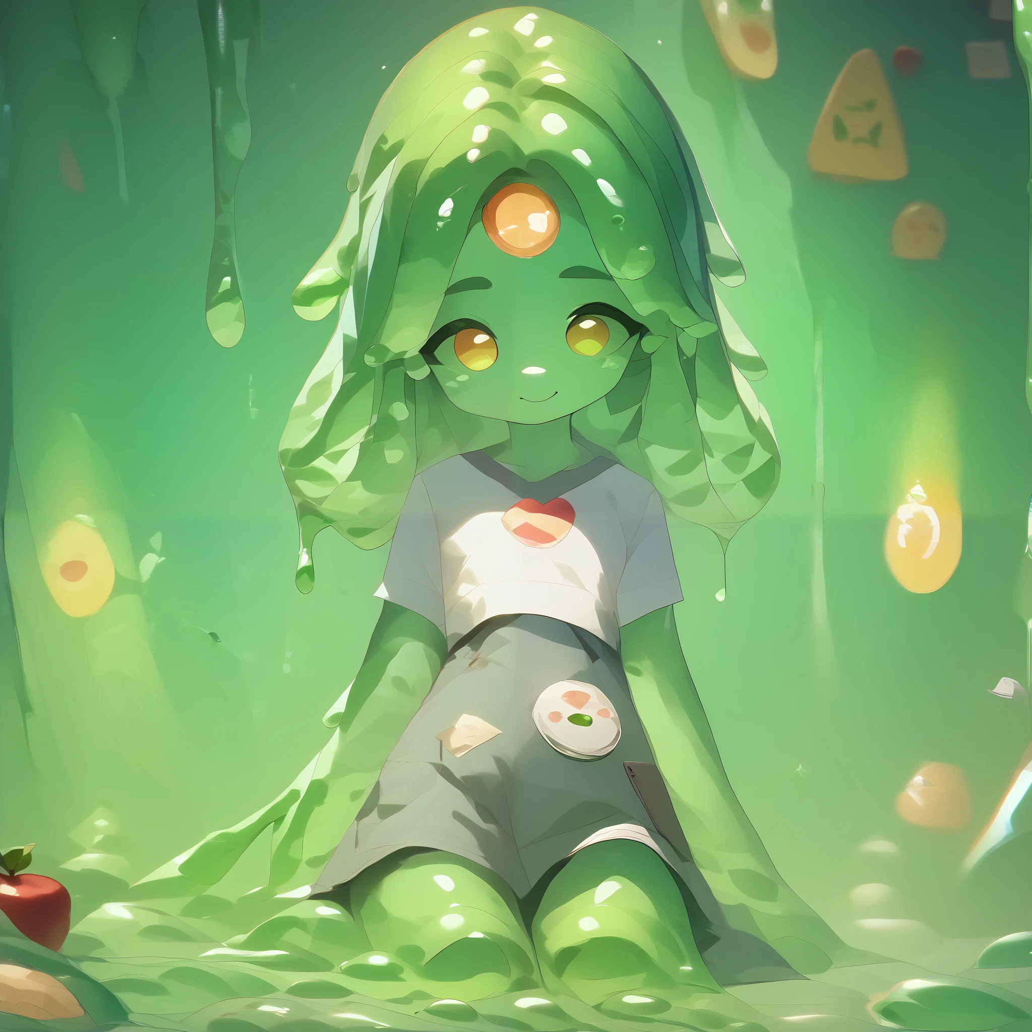 points_9, points_8_ up , points_9_ up , points_7_ up , high quality,  masterpiece,   extremely detailed  , Alone, (((bright green slime women))),   add medium chest , farmer outfit, slime core,  cute pose , Happy expression , apple trees