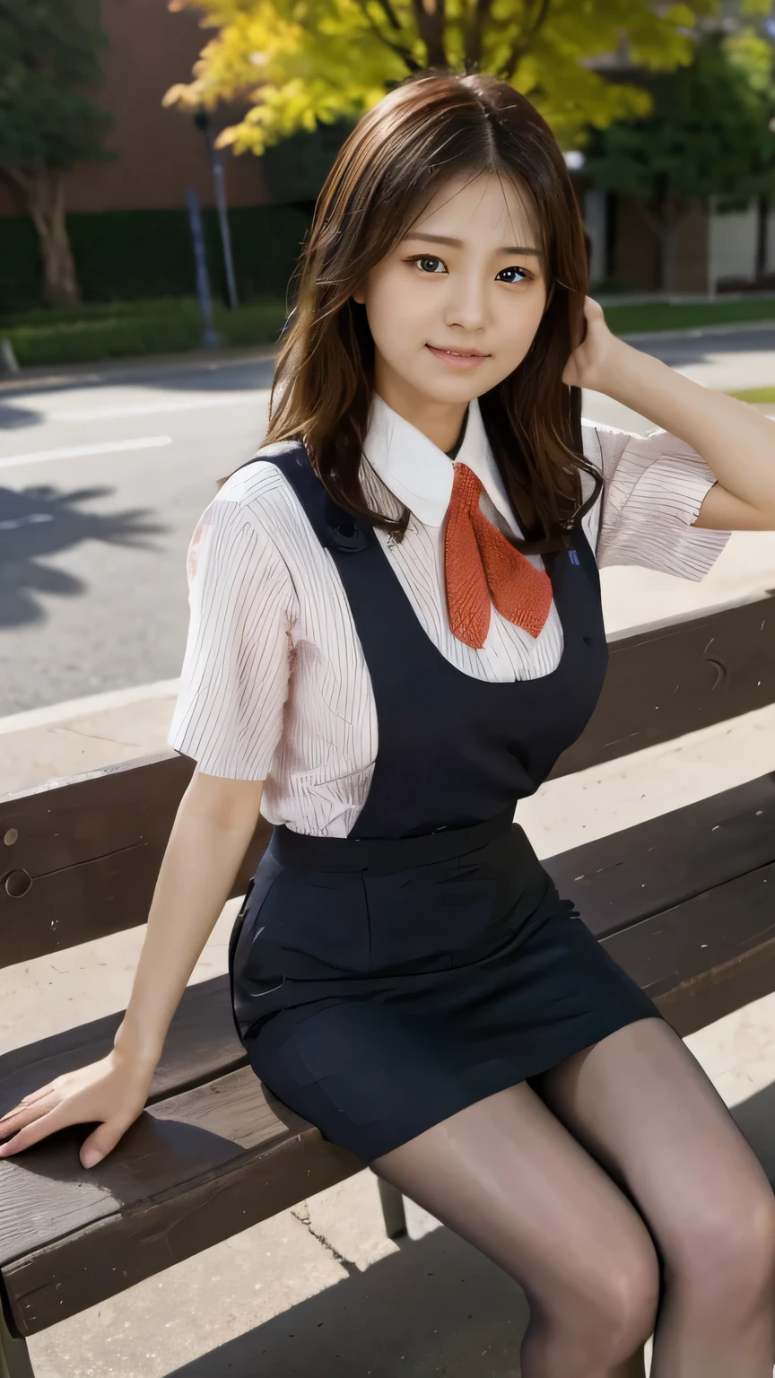top quality、8k、 masterpiece、 Supernatural、Clear Photo、 professional lighting、 natural light、 by Nomi、 perfect anatomy、 one woman、baby face:2.0、Big Breasts、saggy breasts:1.1、 beautiful hair、smile、((Star Uniform:1.2))、( black vest:1.3、 short sleeve shirt、 Red Ribbon、 pencil skirt )、( shiny pantyhose)、 sneakers、 autumn park、Sit on the bench and pose