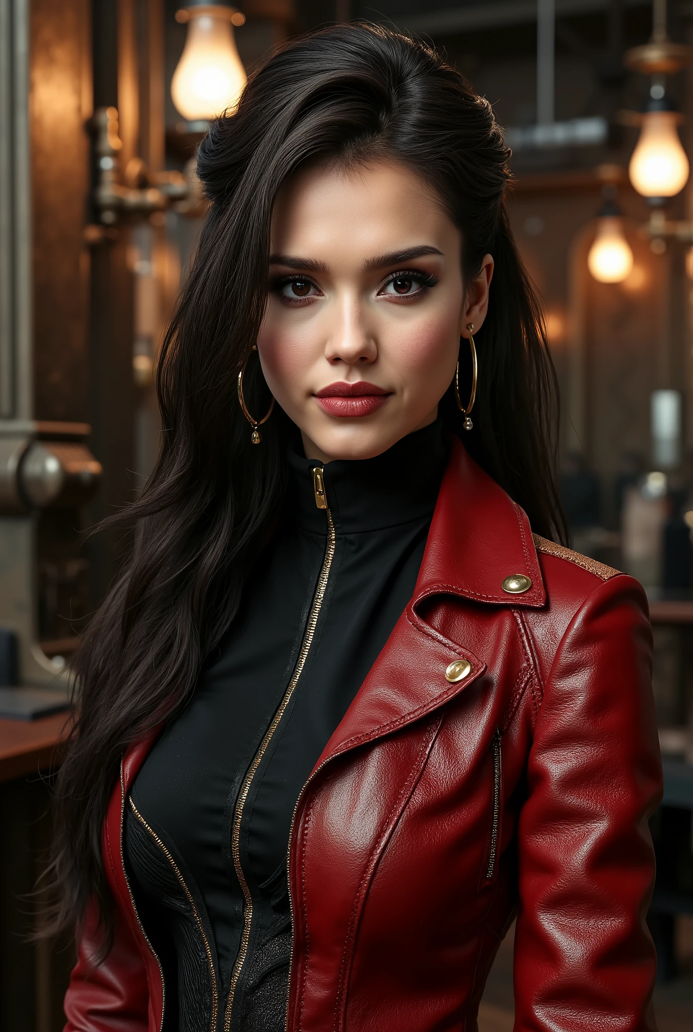 best quality,4k,8k,highres,masterpiece:1.2),ultra-detailed,(Ultra-realistic, photorealistic,photo-realistic:1.37), best quality, highres, 4k, 8k, amazing quality, Photo full portrait of photo real. black and red leather steampunk woman. steampunk background. “full body portrait” digital SLR camera, light tracing, 3d, concept art, action painting, cinematic lighting, chiaroscuro, (1.3)