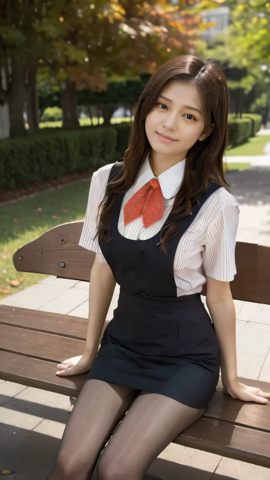 top quality、8k、 masterpiece、 Supernatural、Clear Photo、 professional lighting、 natural light、 by Nomi、 perfect anatomy、 one woman、baby face:2.0、Big Breasts、saggy breasts:1.1、 beautiful hair、smile、((Star Uniform:1.2))、( black vest:1.3、 short sleeve shirt、 Red Ribbon、 pencil skirt )、( shiny pantyhose)、 sneakers、 autumn park、Sit on the bench and pose