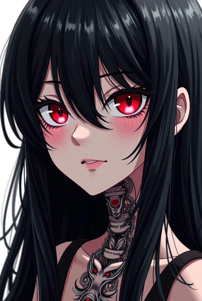 Momo from Twice, with the red suit and long black hair of Yumeko from Kakegurui with sarcastic face for tattoo
