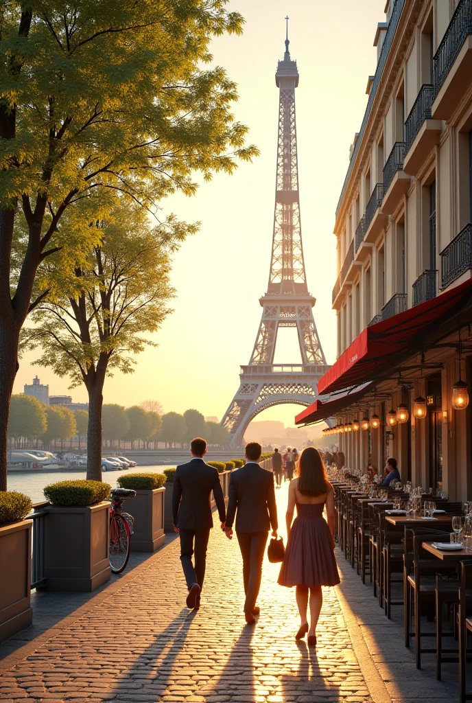 A well-dressed couple in front of the Eiffel Tower with two dogs