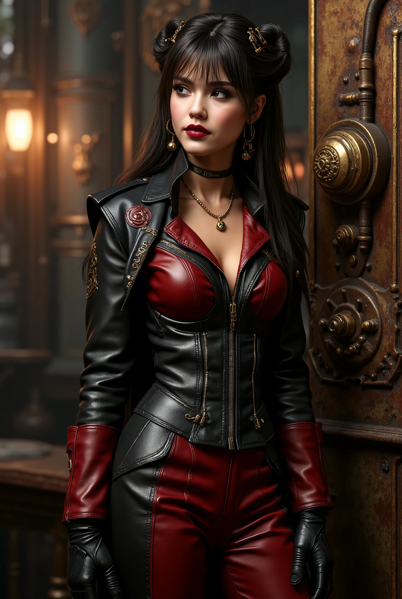 best quality,4k,8k,highres,masterpiece:1.2),ultra-detailed,(Ultra-realistic, photorealistic,photo-realistic:1.37), best quality, highres, 4k, 8k, amazing quality, Photo full portrait of photo real. black and red leather steampunk woman. steampunk background. “full body portrait” digital SLR camera, light tracing, 3d, concept art, action painting, cinematic lighting, chiaroscuro, (1.3)