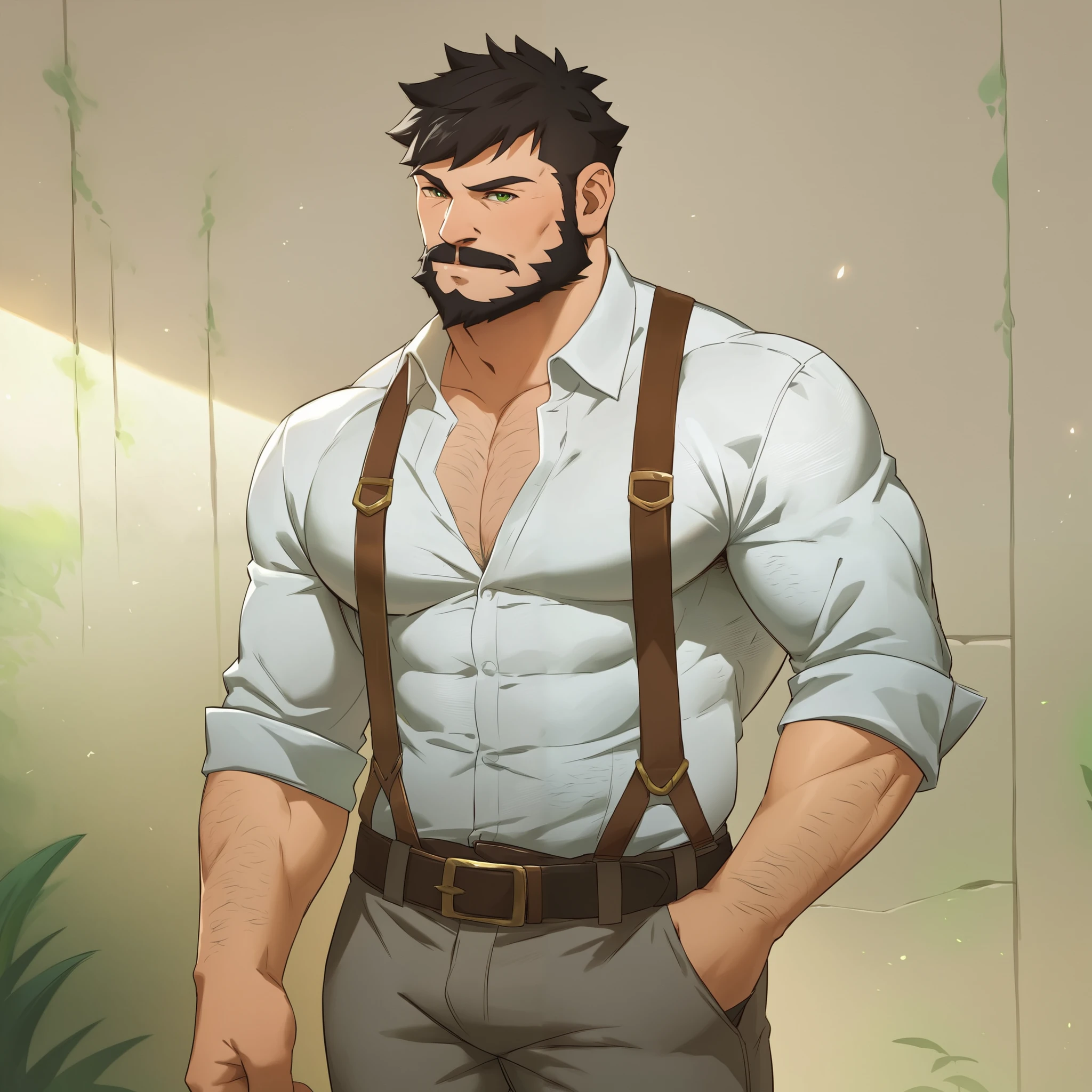 score_9, score_8_up, score_7_up, rating_safe, detailed, solo, wagnergi, male focus, mature male, muscular male, manly, strong jaw, (looking at viewer), detailed face, green pupils, facial hair, beard, white shirt, collared shirt, belt, grey pants, pectoral cleavage, hairy, bright colors, vibrant colors,
