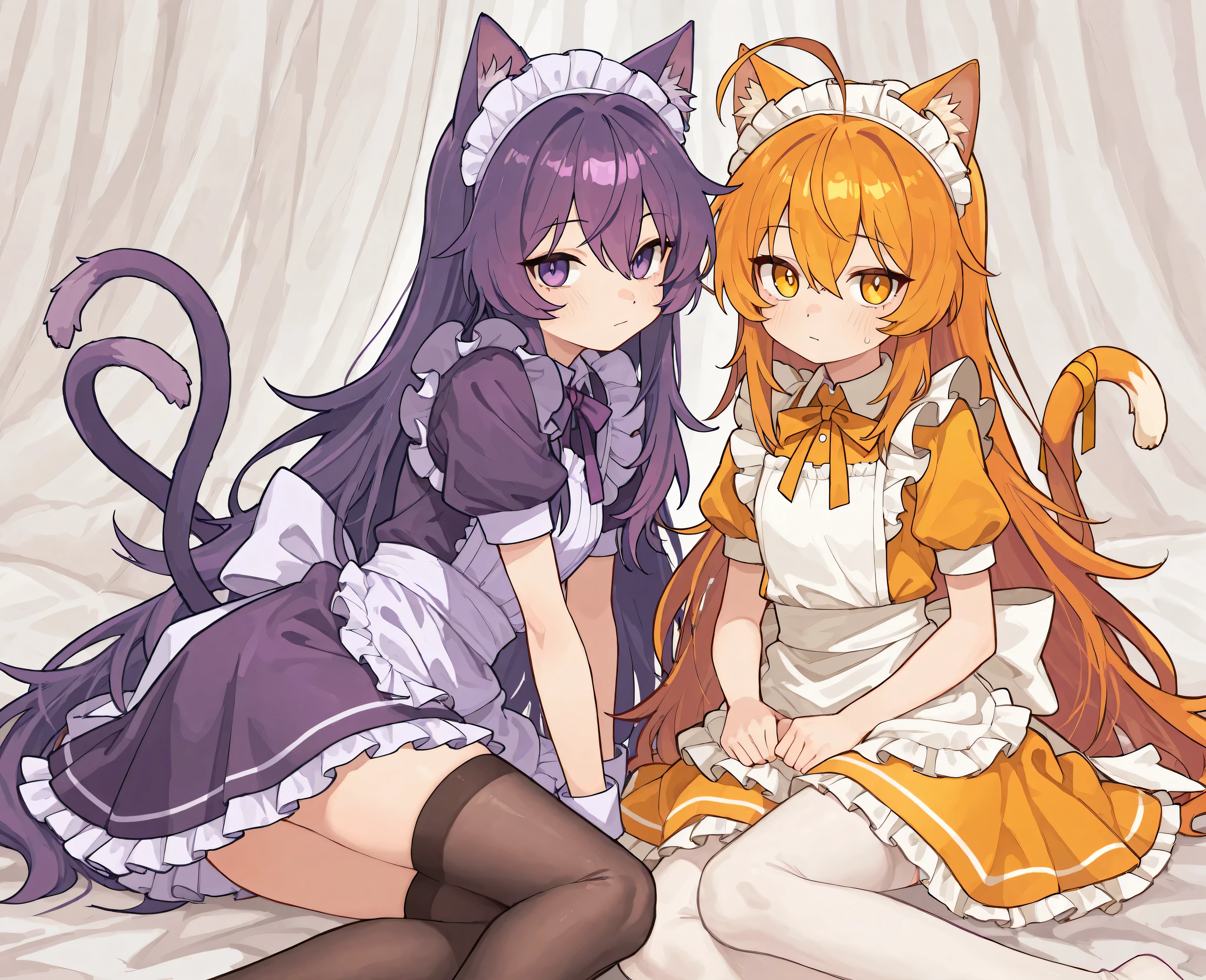 (лучшее качество, шедевр, высокое разрешение), two cat girls with ears and tails. They're sitting next to each other. Both have long hair, are very short (e), and have a pretty. One has yellow-orange hair, yellow-orange eyes, and a yellow-orange maid costume with stockings. The other has purple hair, purple eyes, and a purple maid costume with stockings.