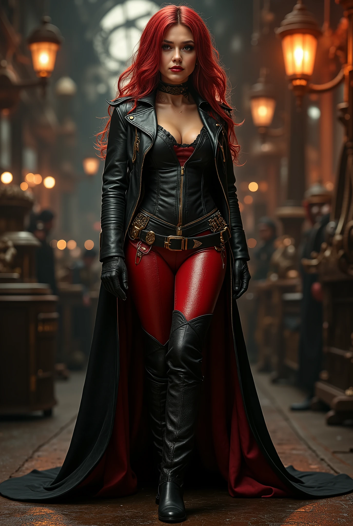best quality,4k,8k,highres,masterpiece:1.2),ultra-detailed,(Ultra-realistic, photorealistic,photo-realistic:1.37), best quality, highres, 4k, 8k, amazing quality, Photo full portrait of photo real. black and red leather steampunk woman. thigh high boots with 6 inch heels. steampunk background. “full body portrait” digital SLR camera, light tracing, 3d, concept art, action painting, cinematic lighting, chiaroscuro, (1.3)