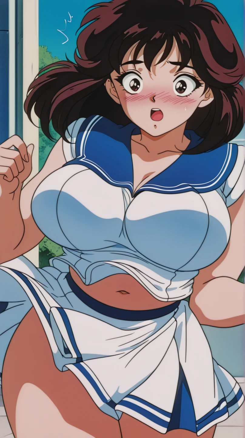 Mother in change room by herself, 1990s anime cels style, 1990s manga style, best quality, high resolution, locker room, one girl, white competition swimsuit, (huge breasts:1.2), Beautiful face, happy, smile, closed mouth, mature female, long hair, black hair, ribbon, from front, looking at viewer,