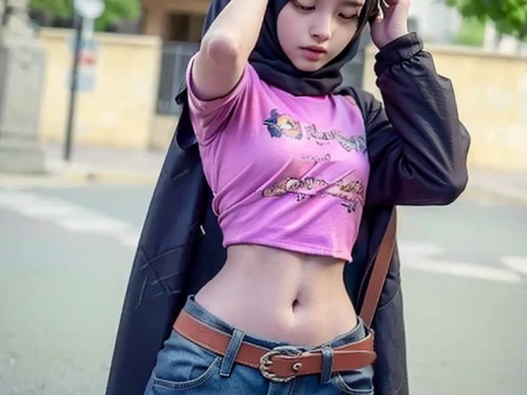 mira filzah laughing, wearing jeans jacket and pastel color cotton bra and pink pastel shorts in nighttime cafe, (mira filzah:1.3), wearing hijab, pastel color hijab, small breast, flat chest, bright lighting,