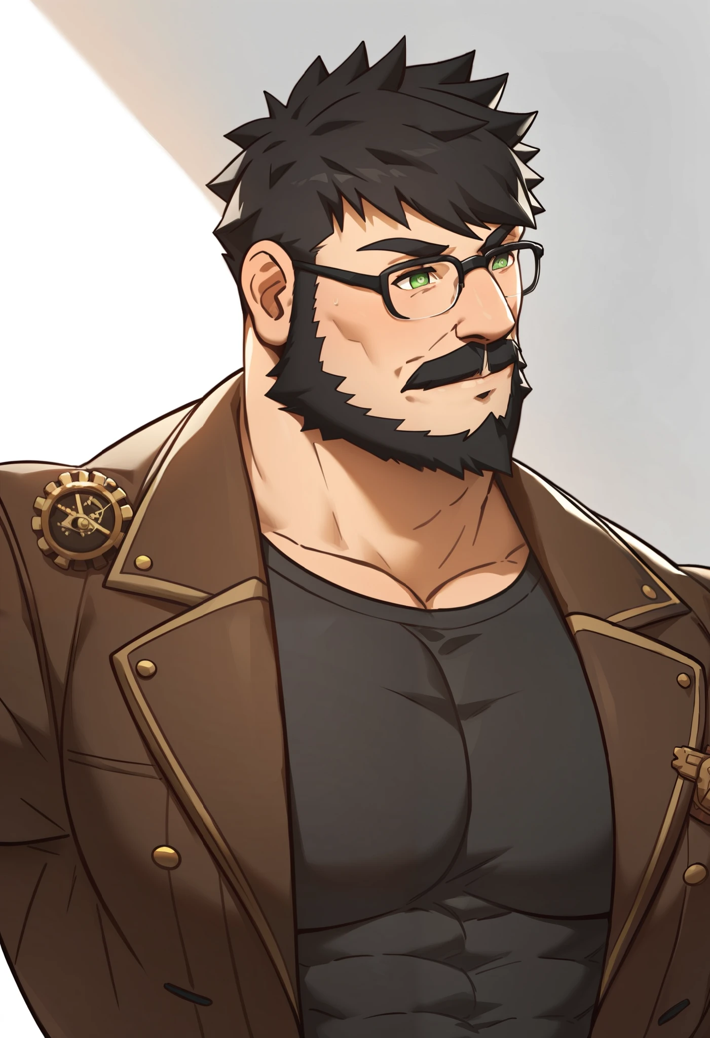 Masterpiece, Best Quality, Ultra-Detailed, 1man, male, manly male, alpha male, old mature muscular male, big, stud, jock, bara, bear, black hair, very short hair, black beard, green pupils, bright pupils, very beautiful and detailed eyes, very detailed eyes, bara, muscular male, tall, large shoulders, large chest, huge arms, (large waist:1.0), ((thick neck:1.0)) athlete, bare biceps, large waist, steampunk style, steampunk, steampunk jacket, brown steampunk jacket, black shirt, Golden details on the jacket, gray details on the shirt, black cloak, cloak over the shoulders, Neutral face, glasses, medium shot:1.0, high resolution:1.2, best quality, master part, daylight, Reflection of lens, upper body shot, looking front.
