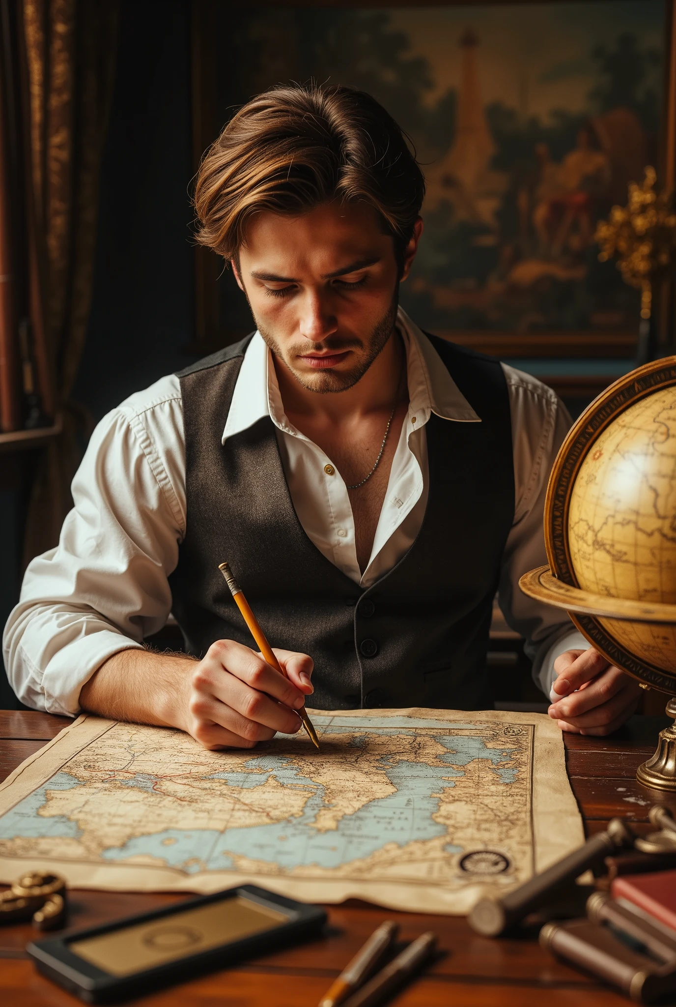 Neo-baroque style, oil pastel blend, a young man (sitting on a wooden table, drawing cartography, globe on the table, many geography book on the table, compass, scale, pens on the table) glamorous and luxurious setting, warm and rich color tones, intricate details, dramatic lighting, intense expression, smoky atmosphere, UHD, retina, masterpiece, accurate, anatomically correct, textured skin, super detailed, high detail, high quality, best quality, high resolution, 1080P, HD, 16k