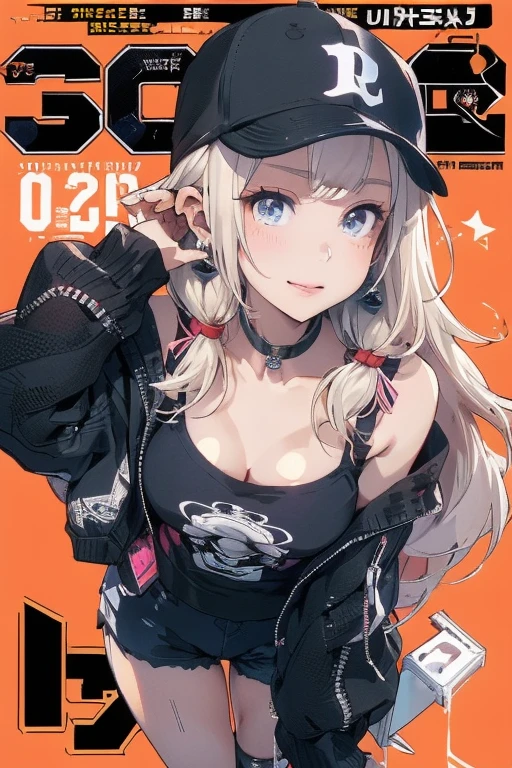 (master piece,Best Quality,Ultra-detailed), (A detailed face), (front-facing view), Young Girl, Blonde long hair, (graffiti wall:1.2), blue eyes, (magazine:1.3), (cover-style:1.3), NSFW