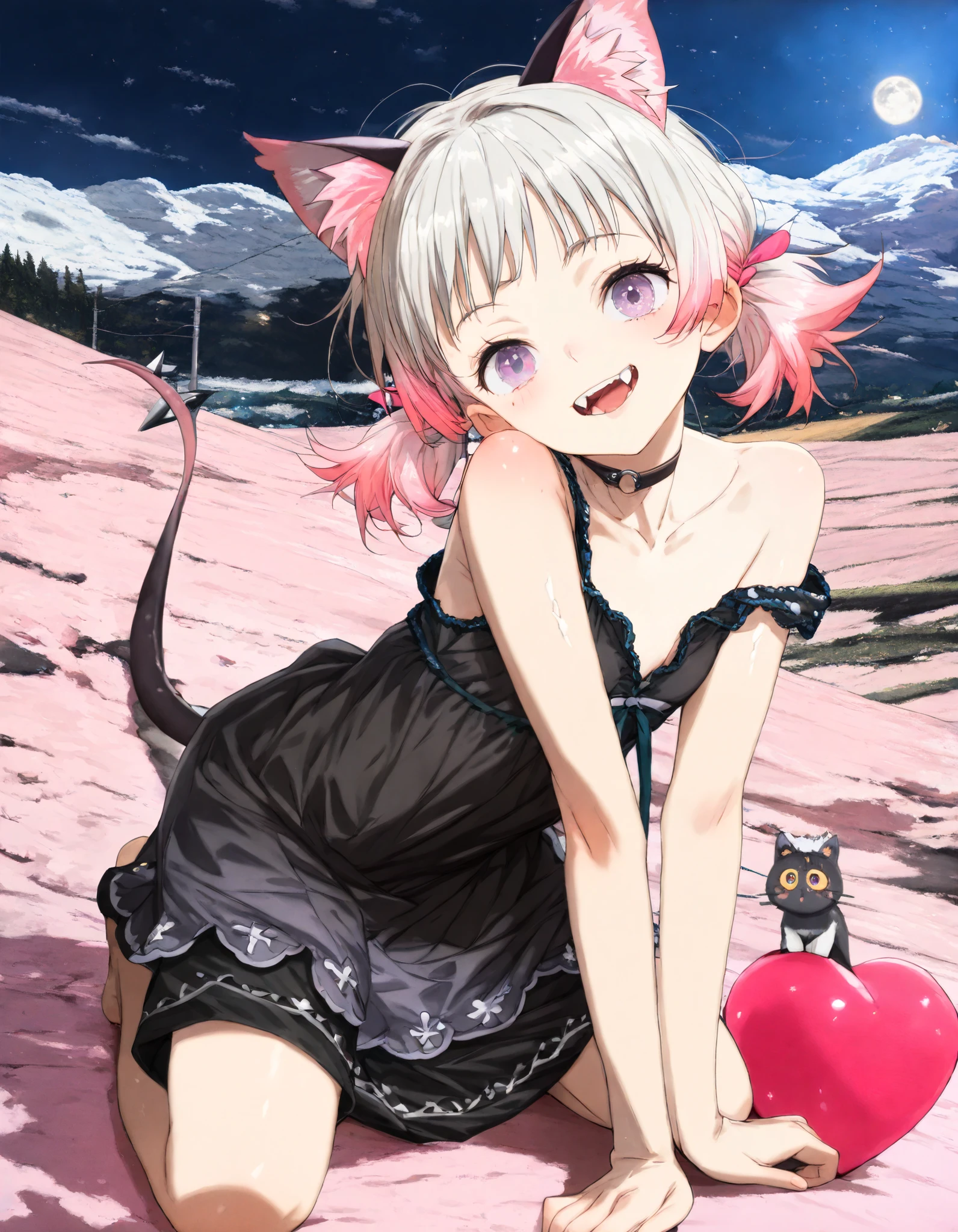 ((toi8 style)), ((Masterpiece)), ((best quality)), (8K), (detailed background:1.2), (super detail:1.2),(High Definition:1.3), (Professional Photography:1.2), (very aesthetic:1.2), (absurdres:1.2), (sharp focus), ((1girl)),  young Girl, (Textured skin), Big eyes, (pale purple eyes, gradient eyes), platinum-gold hair, (long fanged bangs), gradient hair, (pink color Hair Tip), (short pigtails, low pigtails), (small breast, Healthy body), ((naughty smile)), open mouth, (cute cheeks), glossy lips, pouty lips, (lower eyelashes), (tilt head), (put on cat ears), Beautiful collarbones, BREAK, ((bohemian dress,)), black short pants, kneeling on the Granite ground, mountain trail at midnight, moonlight,