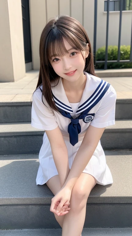 ((Sailor suit:1.3)),Sailor suit,Short skirt,Skin color,white,Smiling,barefoot,18-year-old,Large chest