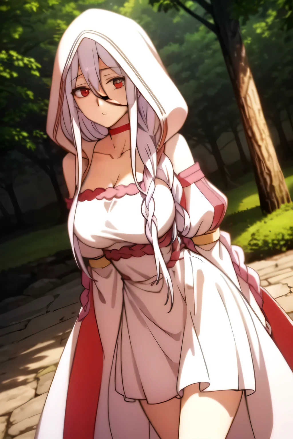 ç½ç»,1girl,expressionless,long braid,hair over shoulder,colored eyelashes,red eyes,
ç½,white hood,hood up,red choker,bare shoulders,cleavage,big breast, first-rate breast, white dress,detached sleeves,long sleeves,wide sleeves,,, 20yo,Young female,Beautiful Finger,Beautiful long legs,Beautiful body,Beautiful Nose,Beautiful character design, perfect eyes, perfect face,expressive eyes,
looking at viewer,
official art,extremely detailed CG unity 8k wallpaper, perfect lighting,Colorful, Bright_Front_face_Lighting,shiny skin,
(masterpiece:1.0),(best_quality:1.0), ultra high res,4K,ultra-detailed,
photography, 8K, HDR, highres, absurdres:1.2, Kodak portra 400, film grain, blurry background, bokeh:1.2, lens flare, (vibrant_color:1.2), (beautiful_face:1.5),(narrow_waist), strapless dress