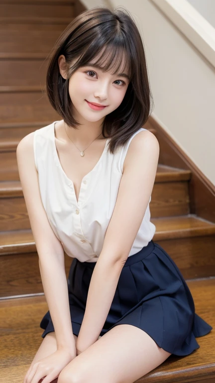 Highly detailed CG Unity 8k wallpaper, of the highest quality, super detailed, masutepiece, Realistic, Photorealistic, extremely detailed cute girl, 25 years old,  (Mini skirt denim:1.3), (sleeveless black shirt)  ,   Smile,  Parted lips, Round eyes, Large breasts, Valley ,Viewer, Half body shot , stairs , sitting, (spread leg) , ((showing panties)) , bob cuts , From below
