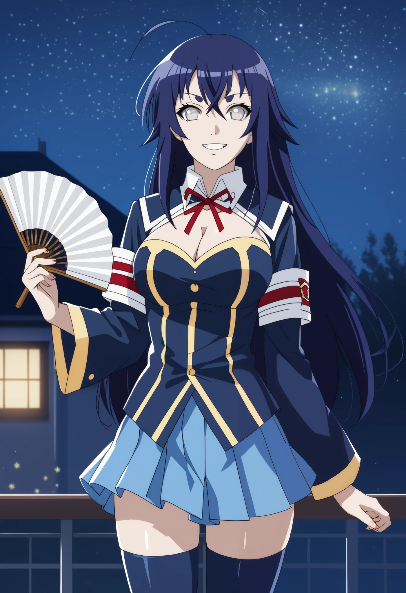 score_9, score_8_up, score_7_up, source_anime, holding a fan, 1girl, solo, smile, blue hair, medaka kurokami, short eyebrows, white eyebrows, white eyes, Outsusukification, otsutsuki, pale skin, long hair, large breasts, ahoge, skirt, thighhighs, school uniform, bettai ryouiki, blue thighhighs, arm band, cleavage cutout, red ribbon, night, stars, cowboy shot