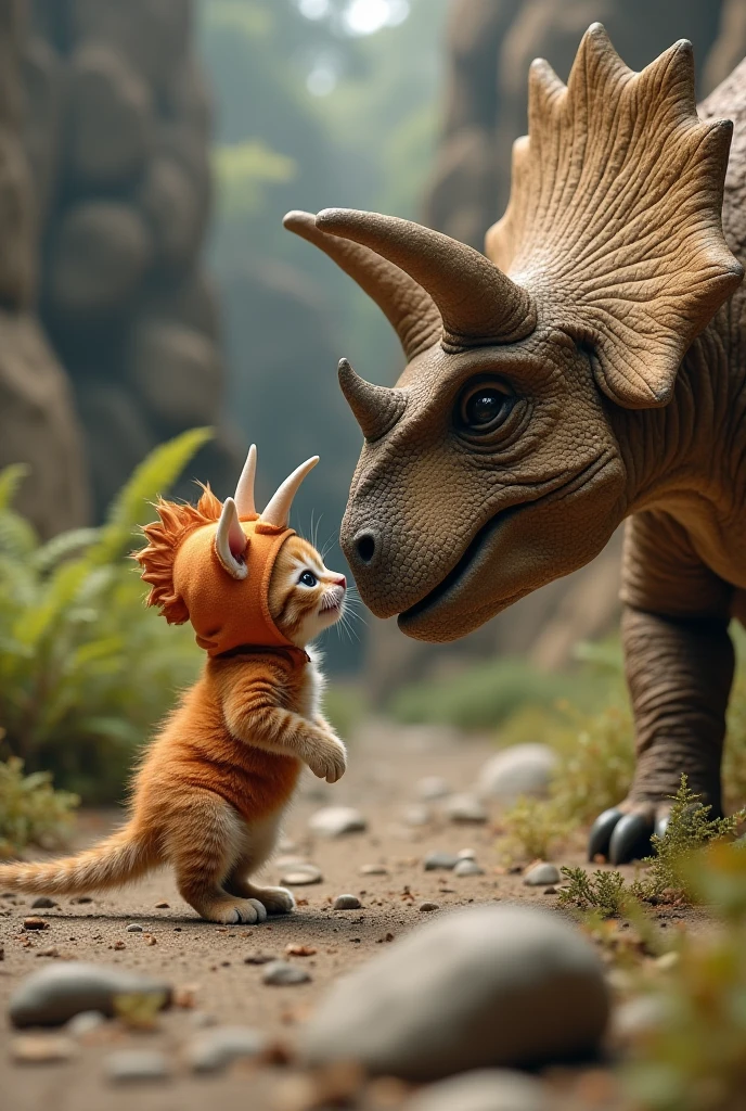 In a prehistoric landscape with rugged terrain and ancient plants, a fluffy, realistic kitten is wearing an adorable, tiny dinosaur costume. The costume resembles a baby Triceratops, complete with small horns and a frilled crest, but it's clearly meant for a playful disguise. The kitten is standing on its hind legs, striking a cute, playful pose as if trying to appear fierce while letting out a tiny 'roar.' In front of the kitten, a large, lifelike Triceratops is lowering its massive head curiously. Its expression shows a moment of surprise, followed by gentle curiosity as it brings its nose closer to the kitten, trying to sniff and understand this tiny creature. The scene is highly realistic, with detailed textures on the kitten's fur, the costume's fabric, and the Triceratops' rough, scaly skin. The background features an ancient landscape with ferns and rocky formations, enhancing the prehistoric atmosphere.